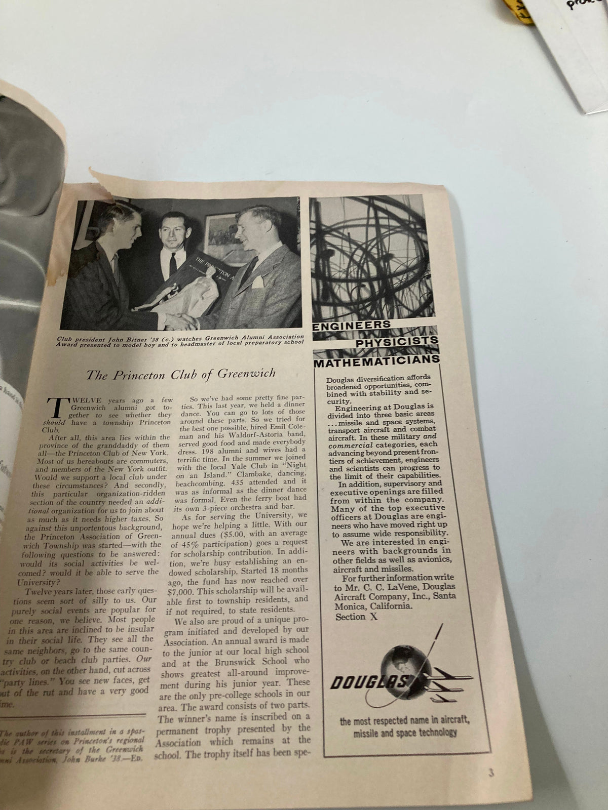 Another page from the VTG Princeton Alumni Weekly March 13, 1959, including a photograph of alumni interacting at the Princeton Club of Greenwich, with an advertisement for engineering opportunities on the side.