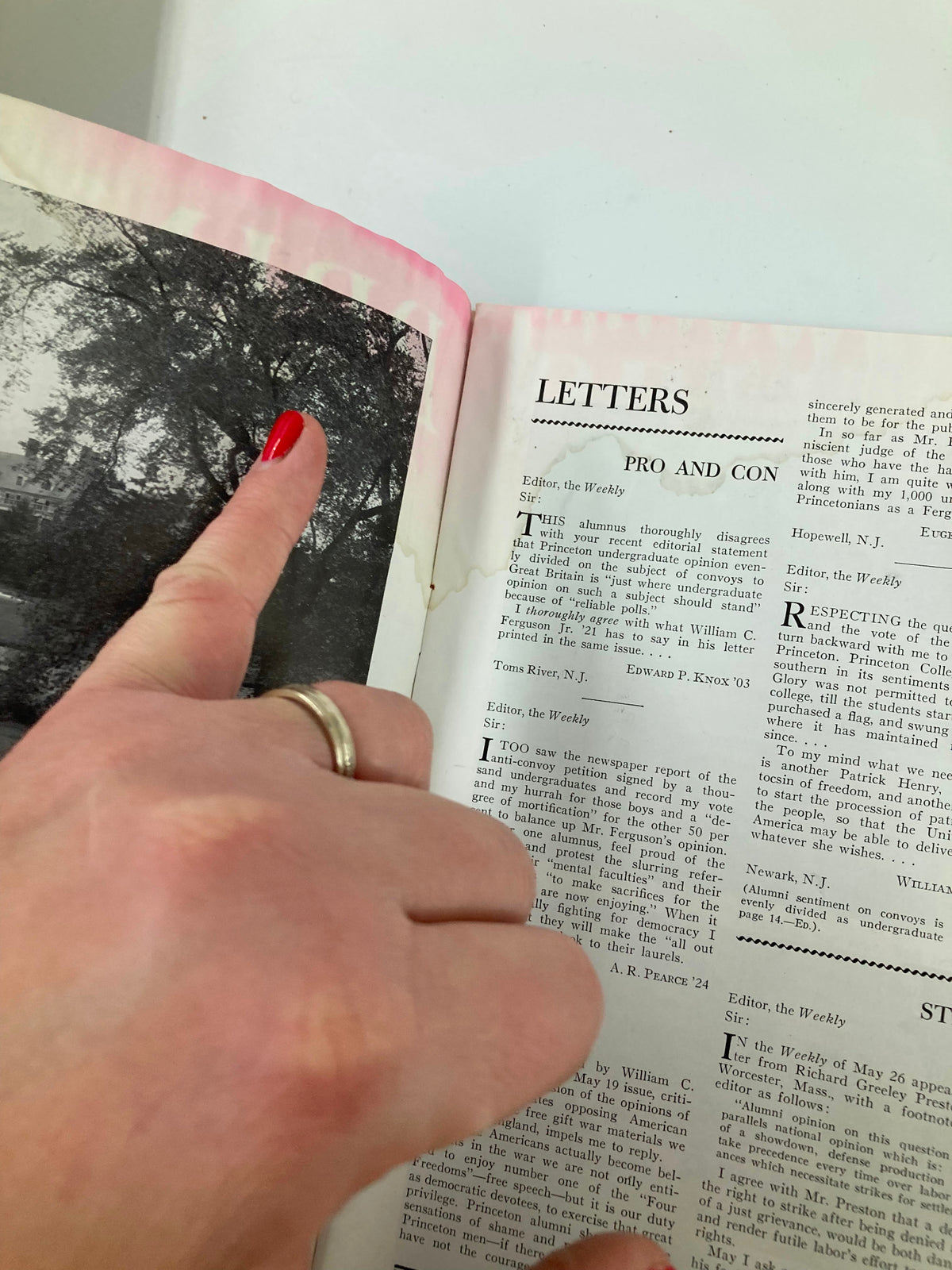 Close-up of an interior page from VTG Princeton Alumni Weekly June 9, 1941, showing letters section with hand pointing.