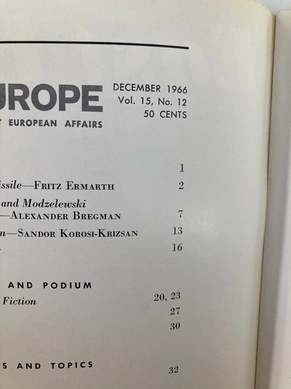 Detailed contents page from VTG East Europe Magazine December 1966 listing articles such as 'Rumania and the Comintern,' relevant to Cold War discussions.
