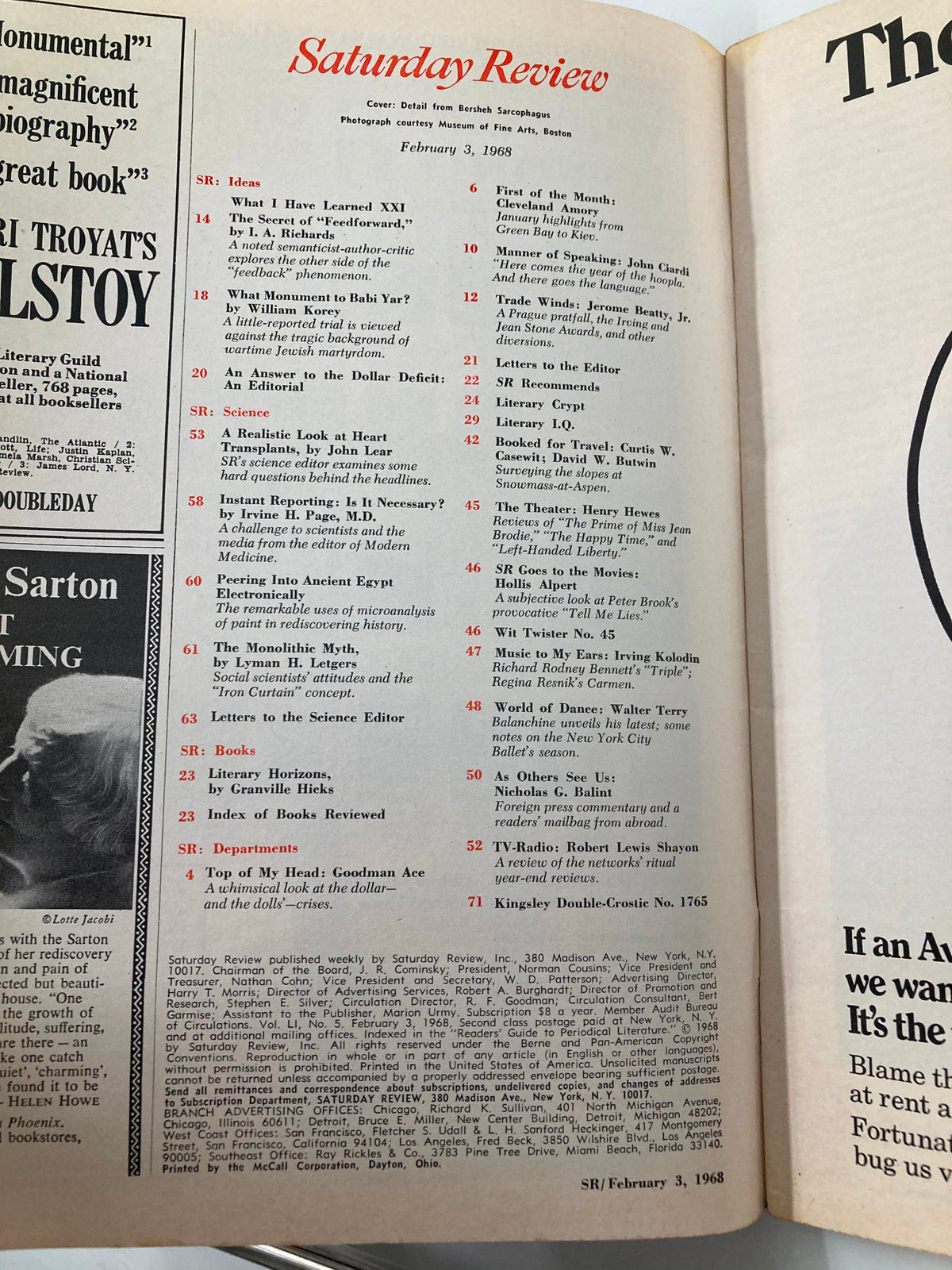 Interior page of VTG Saturday Review Magazine February 3 1968 displaying the table of contents and featuring topics on ancient Egyptian culture and articles from the issue.