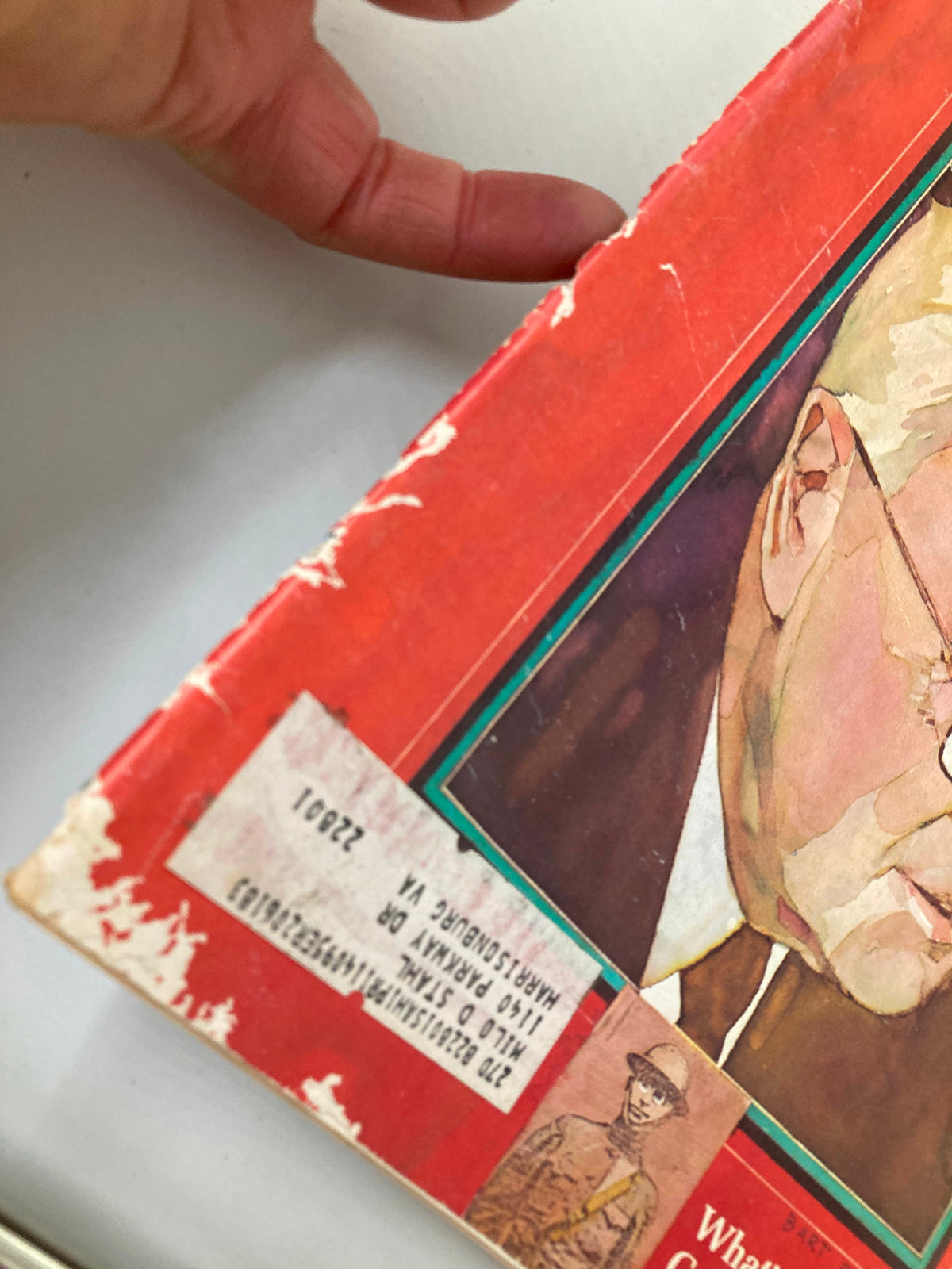 Detailed view of the spine of the February 23, 1974, Saturday Review Magazine titled 'VTG Saturday Review Magazine February 23 1974 Harry S. Truman on Tape,' highlighting the label on the spine and showing the magazine's wear, contributing to its historical authenticity.