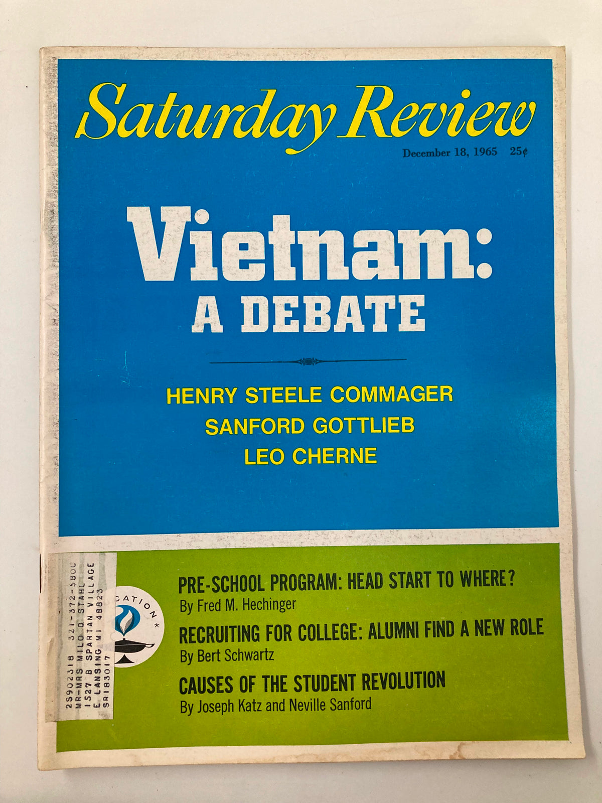 Cover of the VTG Saturday Review Magazine dated December 18, 1965, featuring the headline 'Vietnam: A Debate' with contributors Henry Steele Commager, Sanford Gottlieb, and Leo Cherne, showcasing key discussions on the Vietnam War.