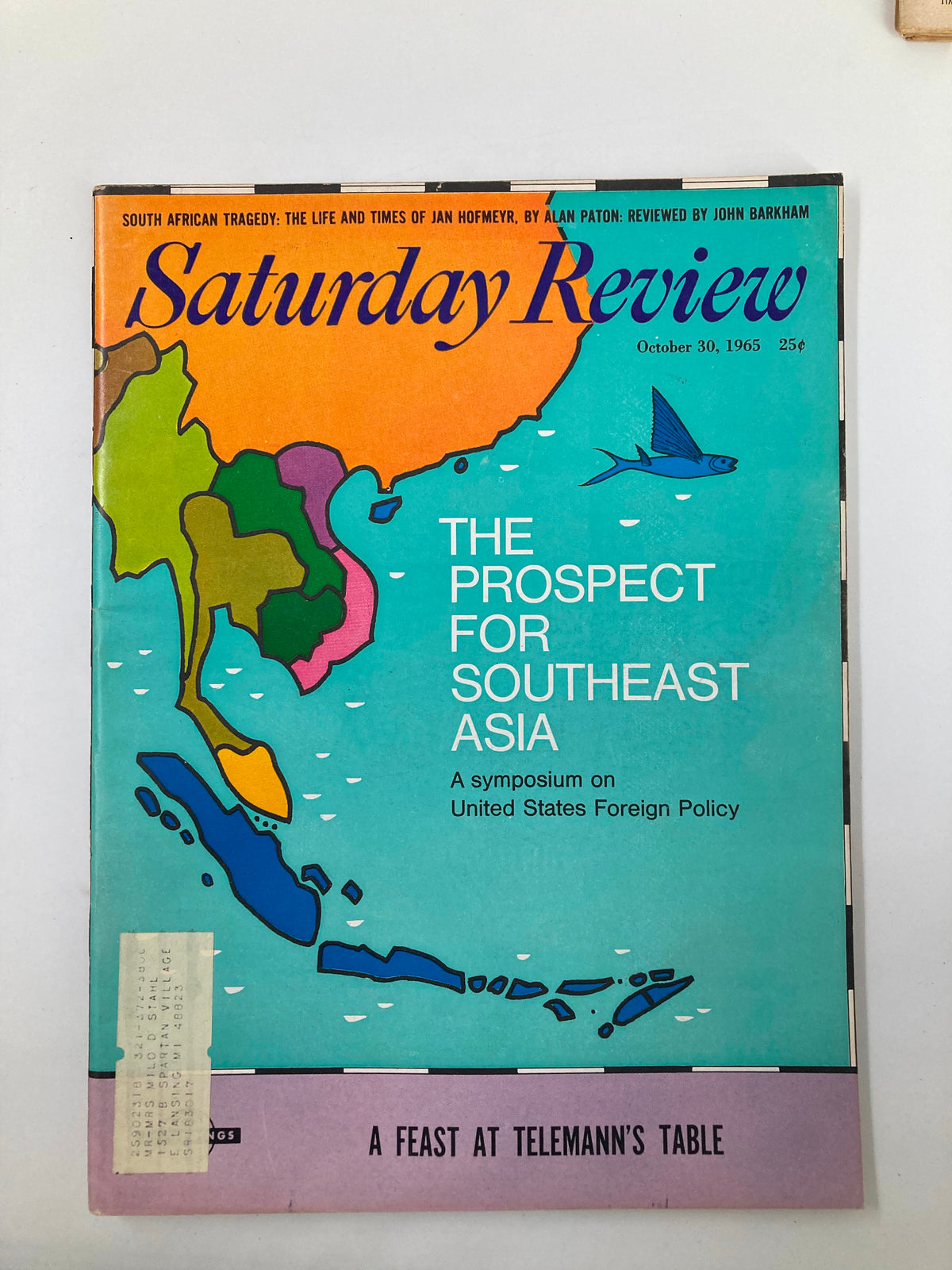 Cover of VTG Saturday Review Magazine dated October 30, 1965, featuring the title 'The Prospect For Southeast Asia' with a colorful map illustration highlighting Southeast Asia.