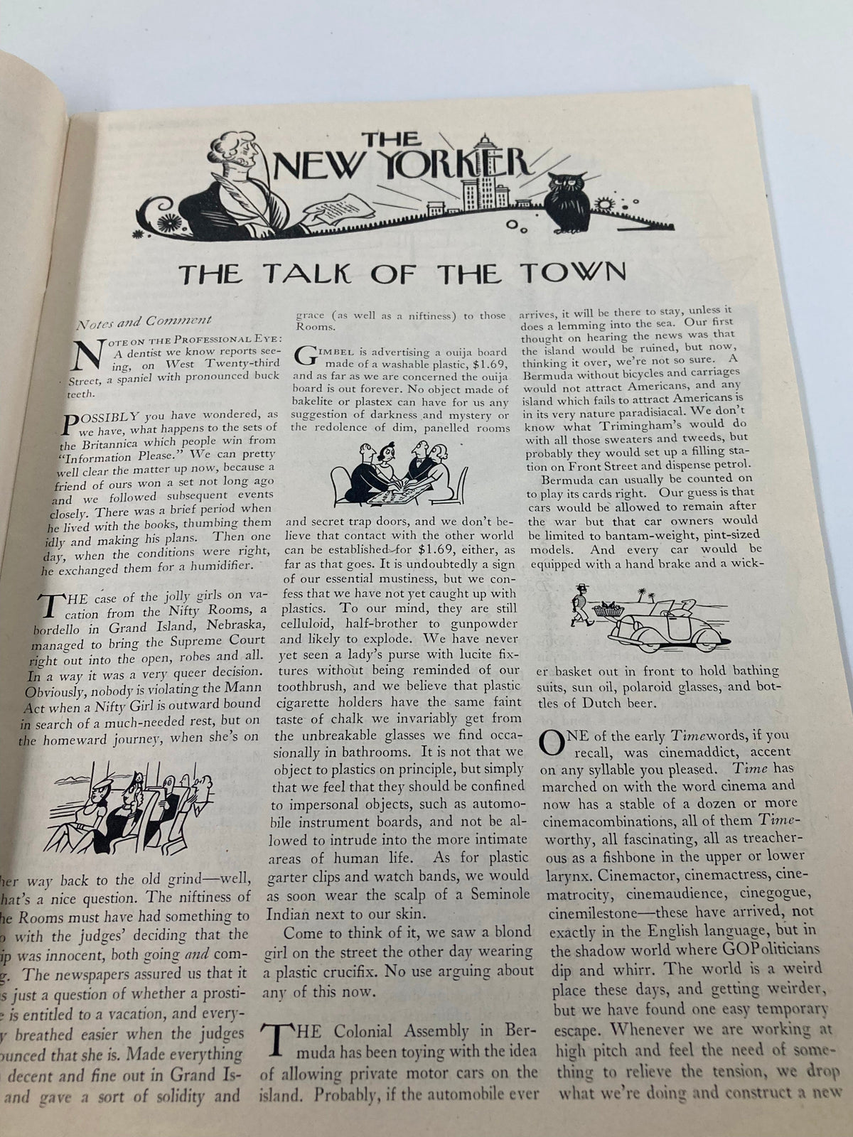 Inside page of The New Yorker Magazine from June 3, 1944 displaying the "Talk of the Town" section with articles and illustrations, highlighting the magazine's classic editorial style.
