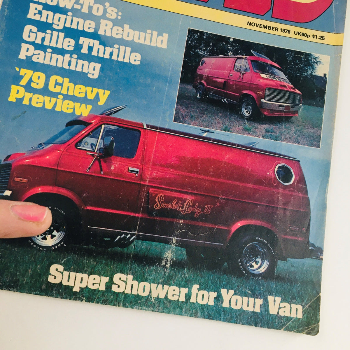 Close-up view of the November 1978 issue of Van World Magazine, showing a red Chevy van and the text highlighting the '79 Chevy Preview & Super Shower for Your Van'.