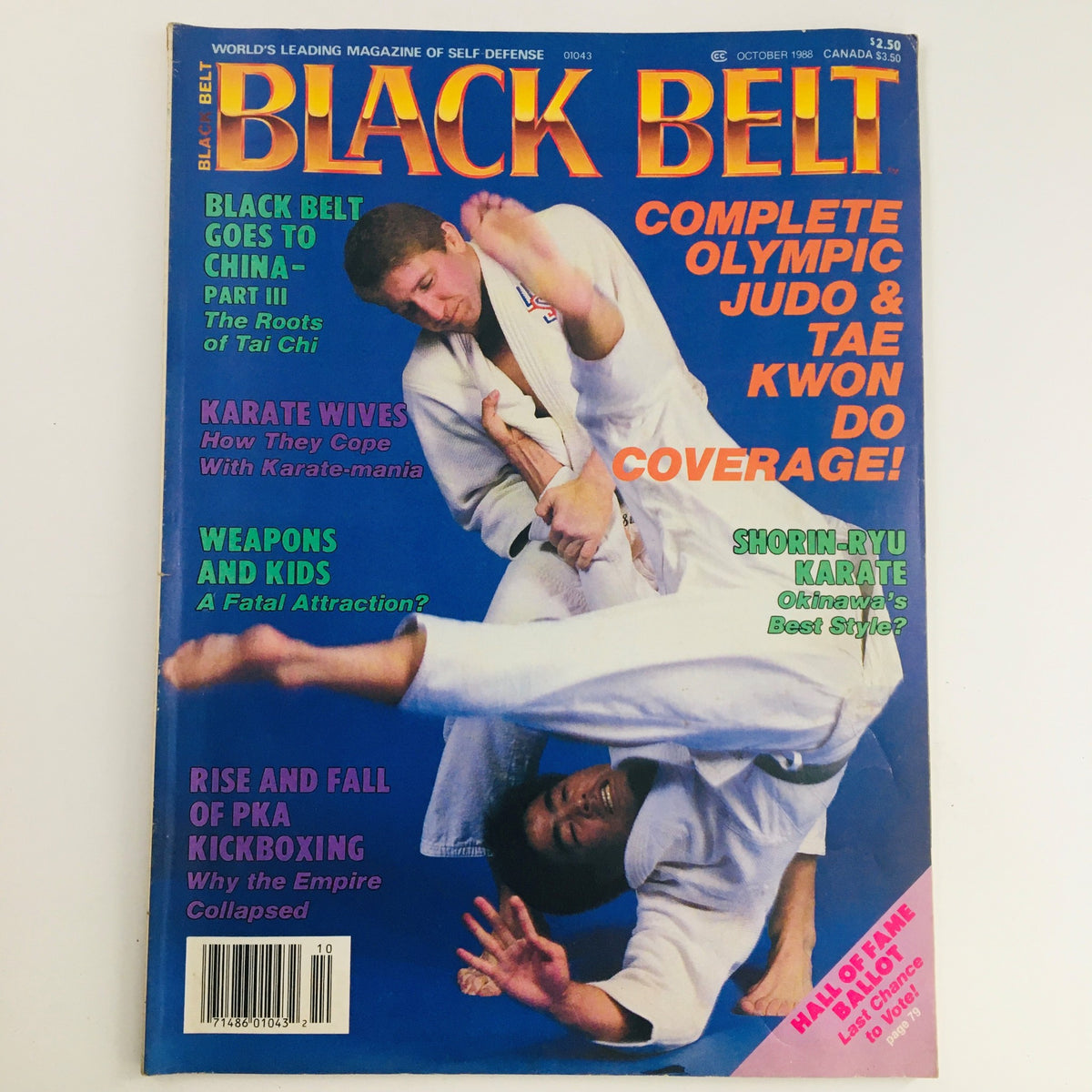 Cover of Black Belt Magazine, October 1988, Volume 26, Number 10. Featuring martial artists engaged in judo techniques, with headlines highlighting Olympic Judo, Tae Kwon Do coverage, and karate articles.