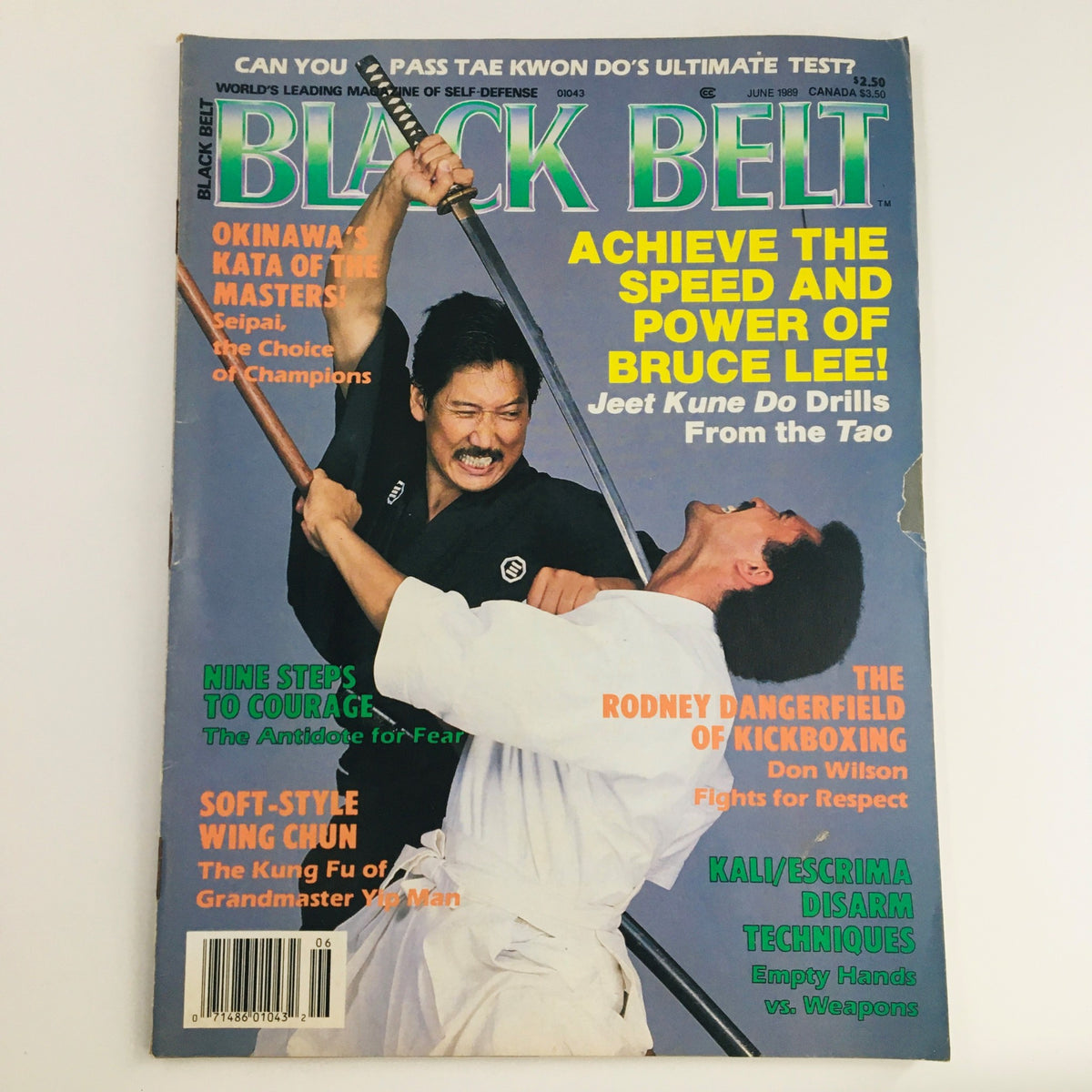 Cover of Black Belt Magazine June 1989 Vol 27 #6 featuring martial artists with sword and unarmed combat, showcasing the theme 'Achieve the Speed and Power of Bruce Lee!'.