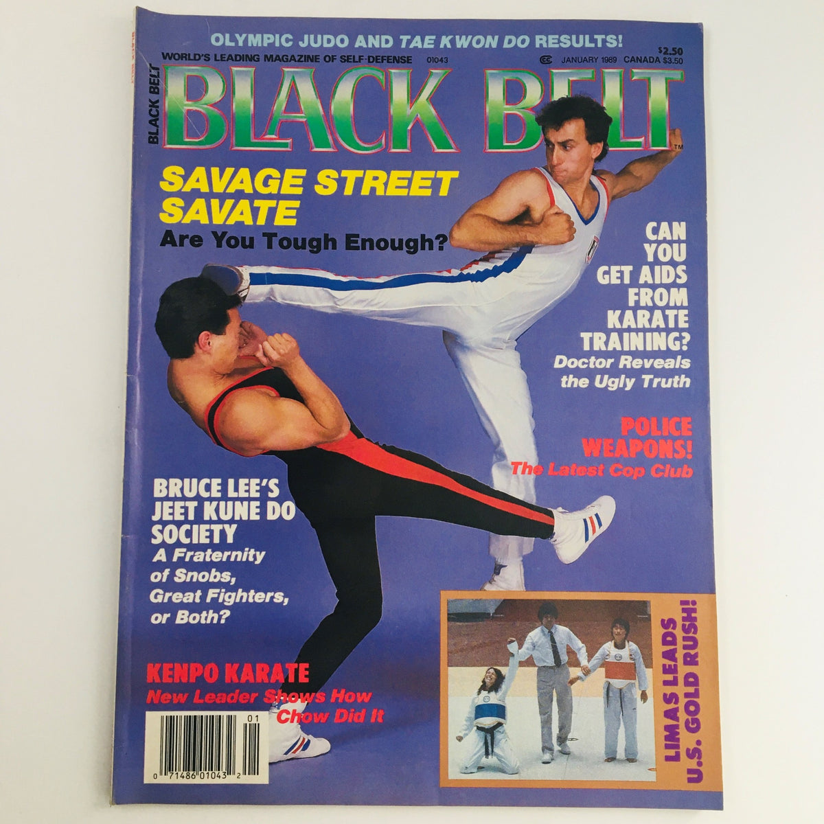 Black Belt Magazine January 1989 Vol 27 #1 cover featuring martial artists demonstrating techniques, with headlines about street savate, bruce lee's jeet kune do society, and a focus on karate training.