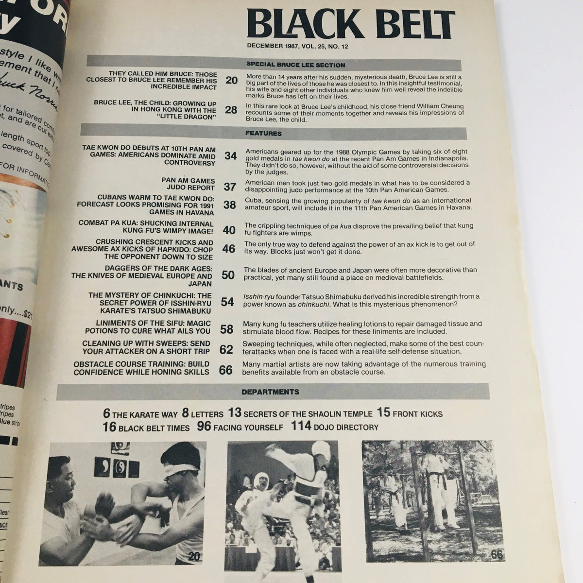 Table of contents for Black Belt Magazine December 1987 Vol 25 #12, highlighting articles and features including the special Bruce Lee section.