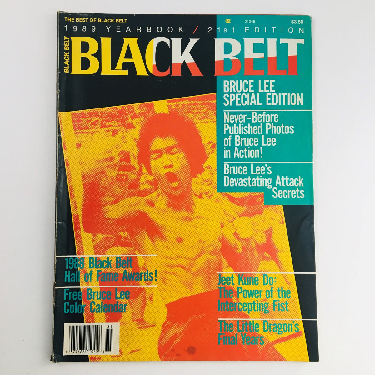 Cover of the Black Belt Yearbook 21st Edition 1989, Volume 26, featuring a special Bruce Lee edition. The magazine includes highlights such as never-before-published photos of Bruce Lee in action and insights into his devastating attack secrets.