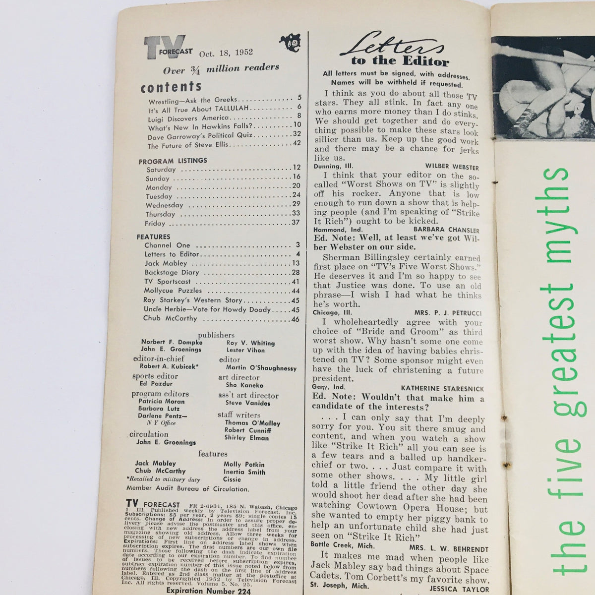 Table of contents from TV Forecast Magazine October 18, 1952, detailing program listings and feature articles including 'Wrestling-Ask the Greeks' and 'It's All True About Tallulah!'
