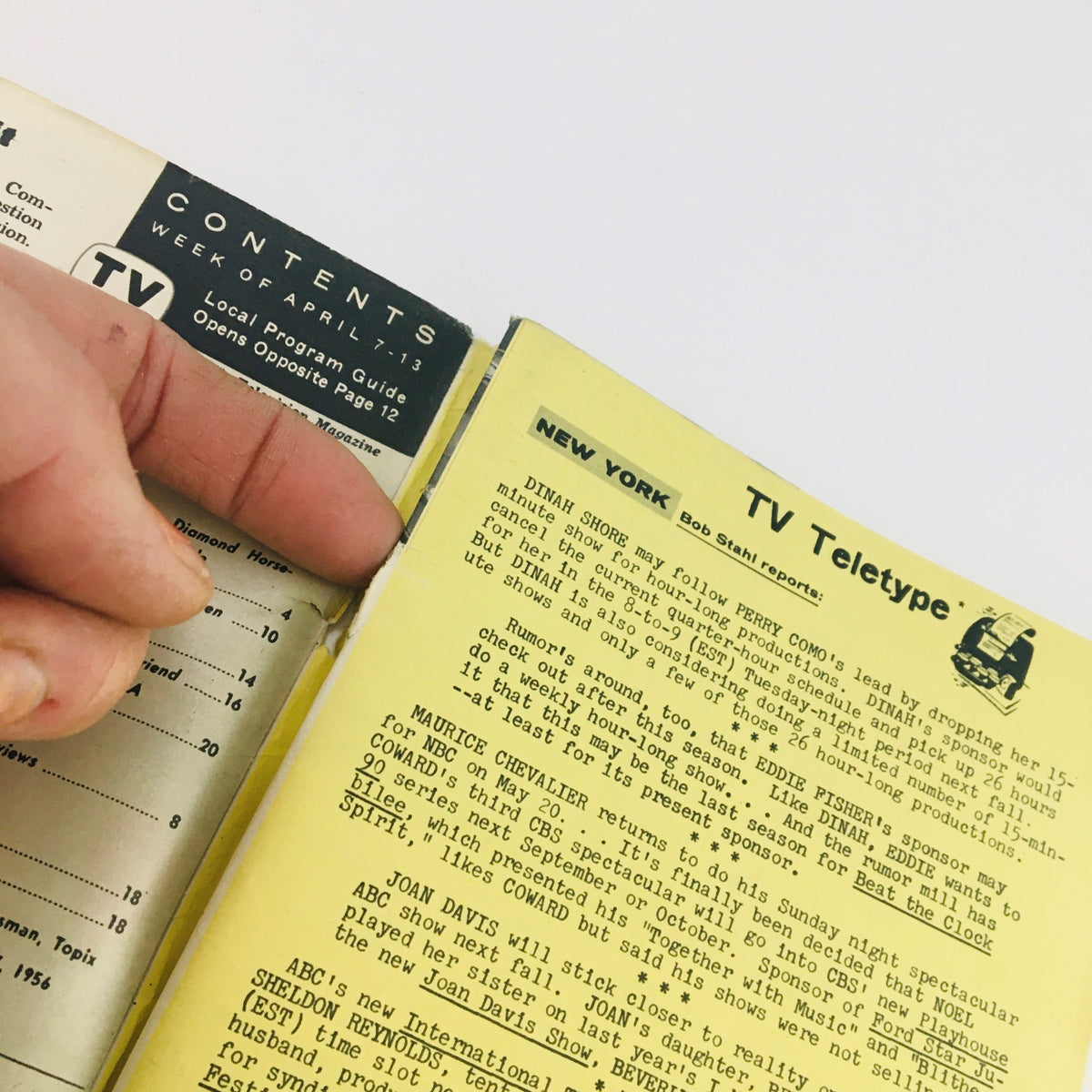 Detailed view of the TV Guide Magazine April 7 1956 contents page with sections and articles highlighted.