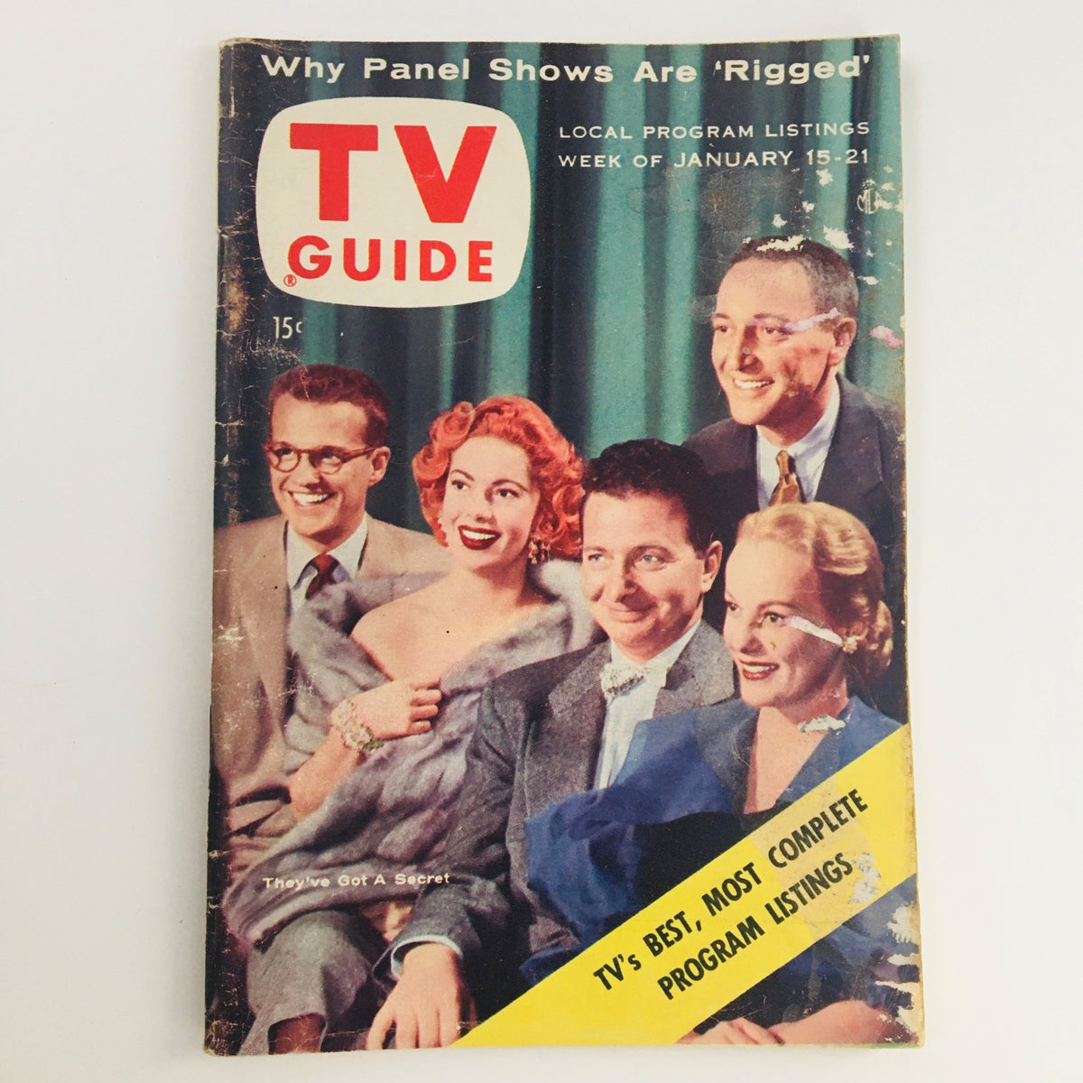 TV Guide Magazine January 15, 1955, Vol 3 #3 cover featuring a group of smiling individuals, highlighting the topic 'Why Panel Shows Are 'Rigged' and showcasing local program listings for the week.