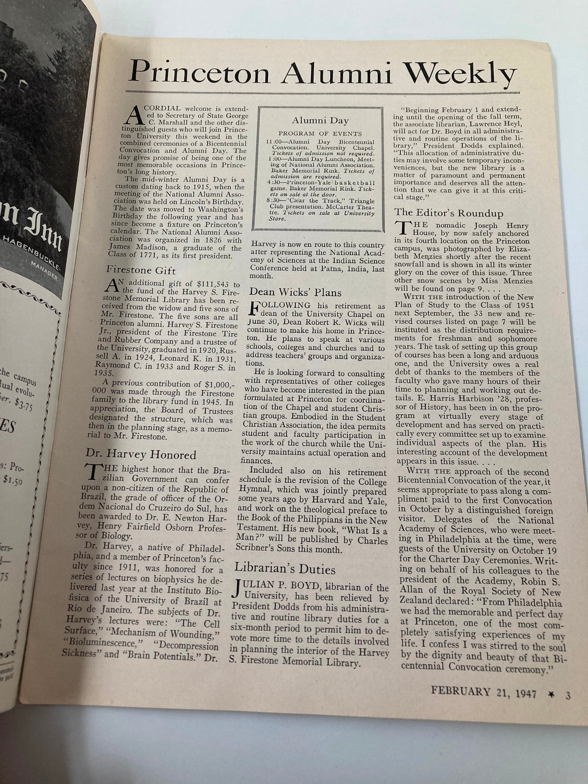 Interior page of VTG Princeton Alumni Weekly February 21 1947, showing articles related to Alumni Day events, including program details and notable mentions from the Princeton University community.