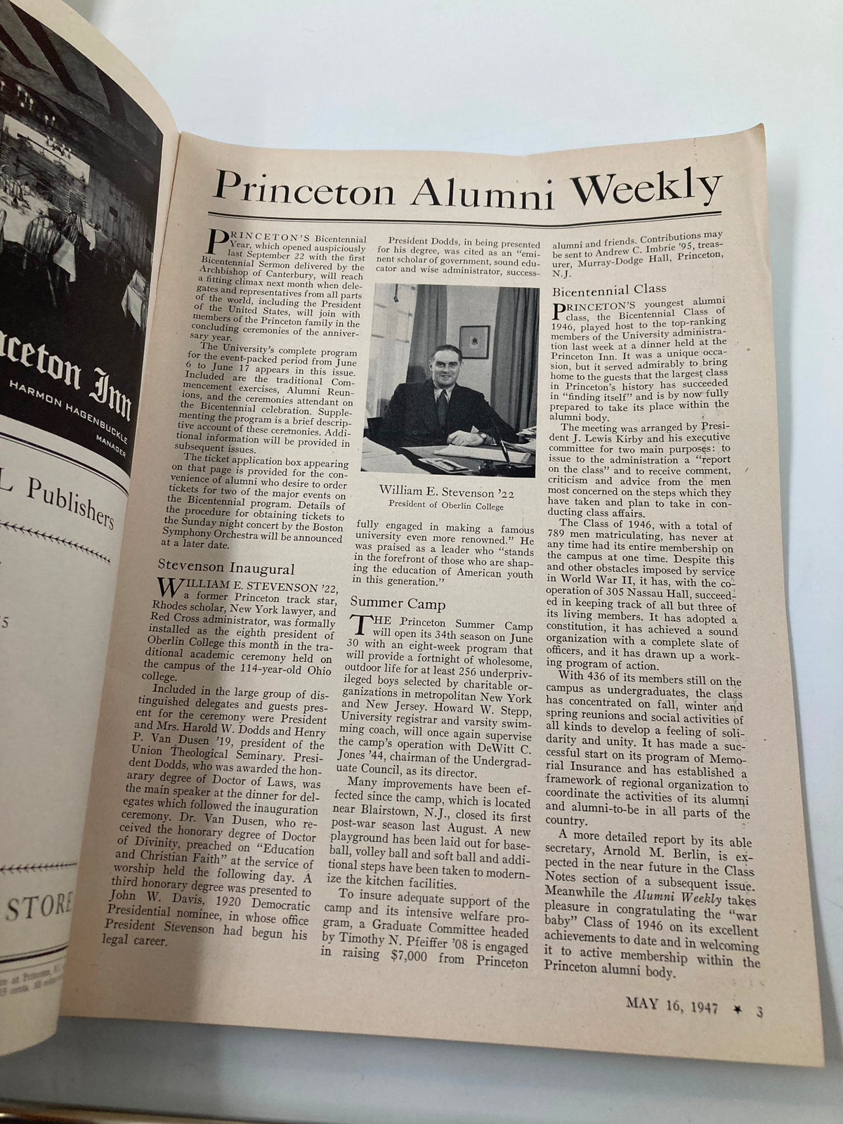 Interior page of VTG Princeton Alumni Weekly May 16 1947, displaying an article about William E. Stevenson of Oberlin College, capturing the academic discourse of the post-World War II era.