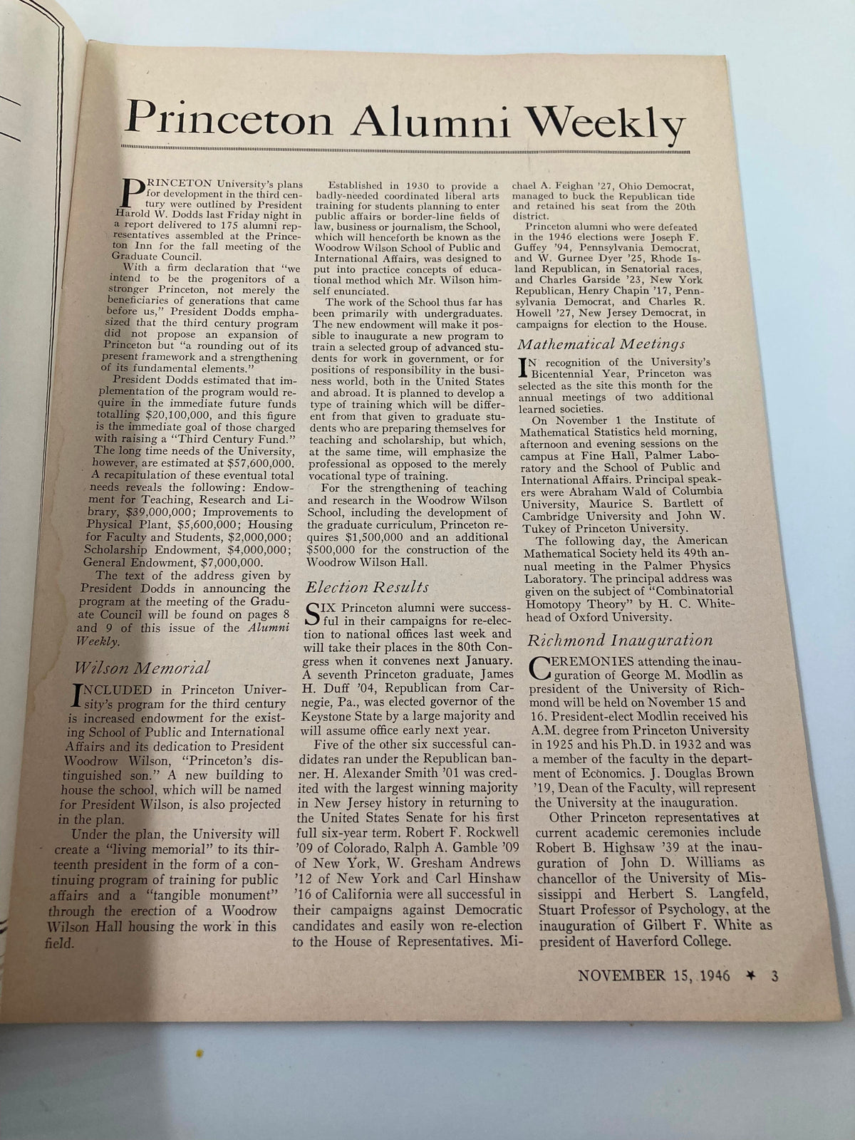 Interior page of VTG Princeton Alumni Weekly November 15 1946, containing articles on university development and a historical overview.