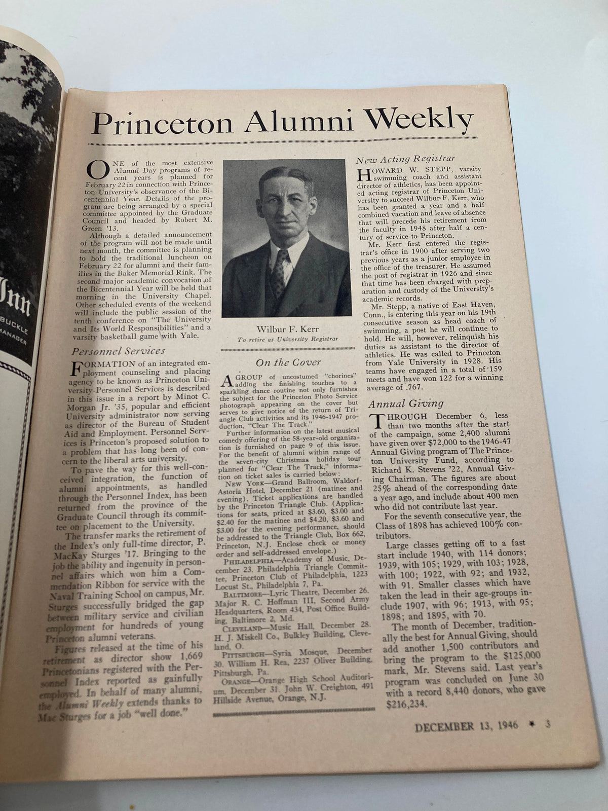 Inside page of the VTG Princeton Alumni Weekly, December 13, 1946, featuring an article by Wilbur F. Kerr, the University Registrar. The page presents text about university services and alumni events, alongside a portrait of Wilbur F. Kerr.
