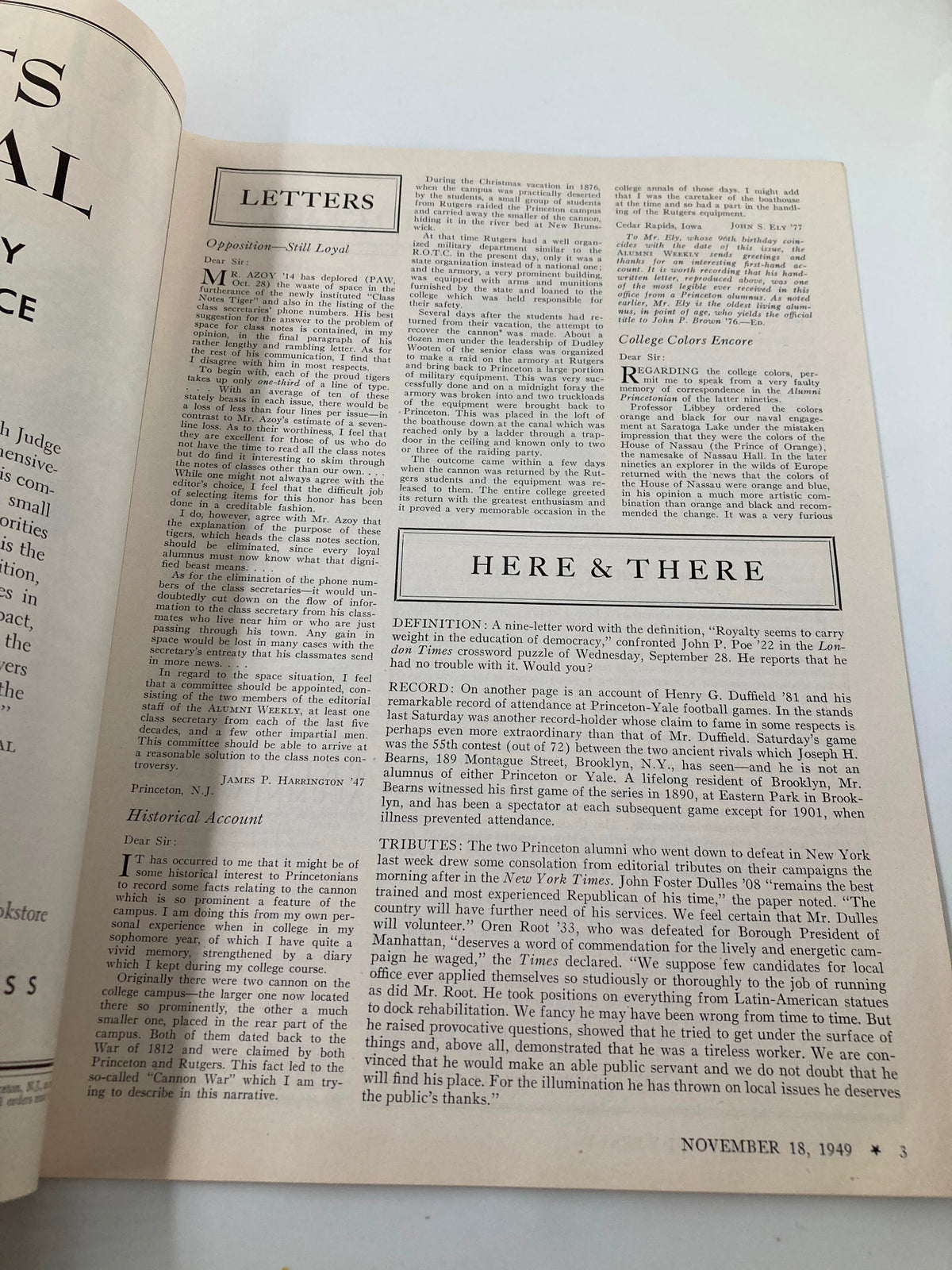 Inside page of VTG Princeton Alumni Weekly dated November 18, 1949, featuring letters and articles discussing historical perspectives and alumni opinions, highlighting political insights from that era.