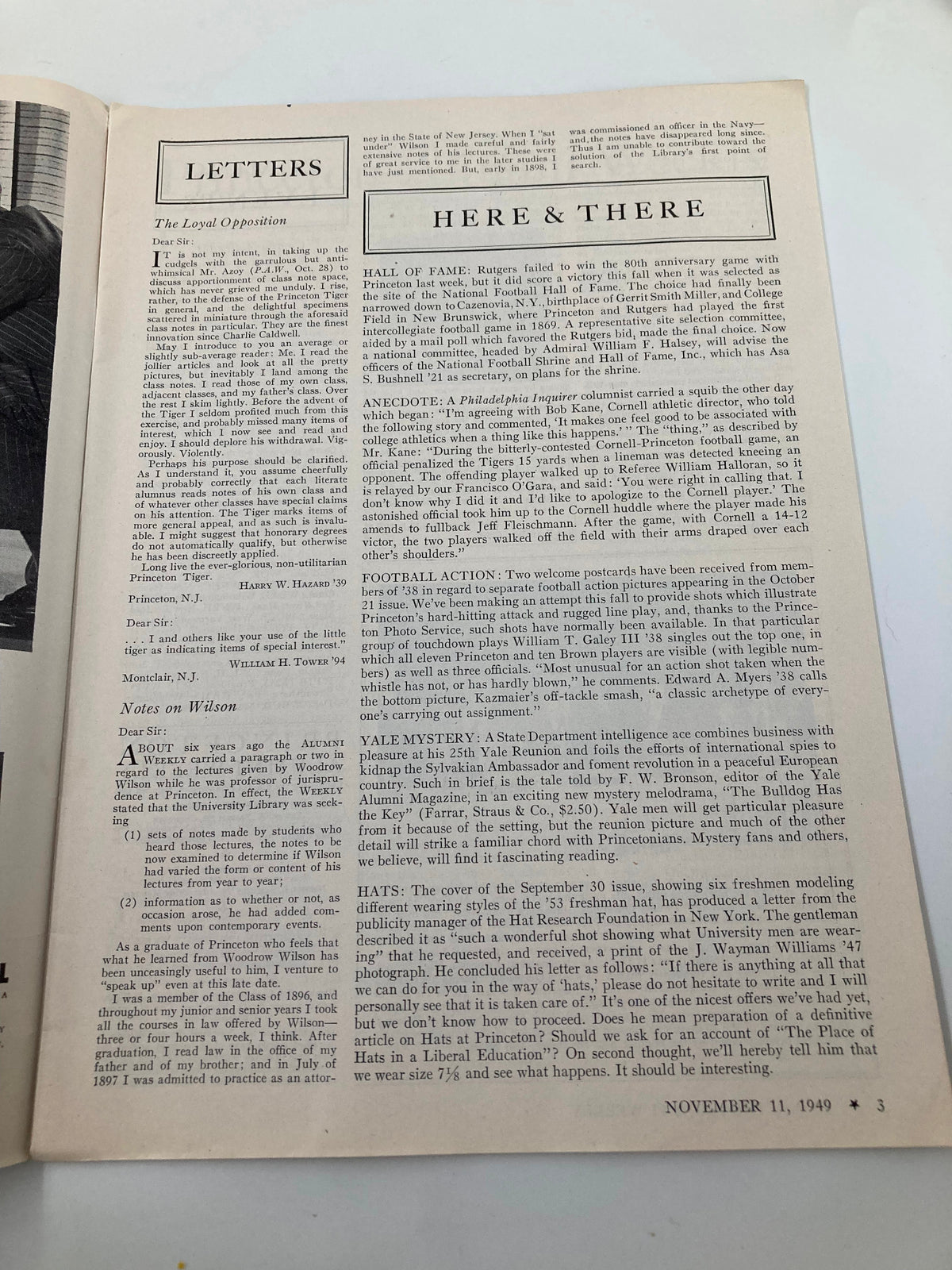 Inside page of the VTG Princeton Alumni Weekly from November 11, 1949, displaying letters and articles reflecting on Princeton University. This edition showcases historical commentary and alumni discussions.