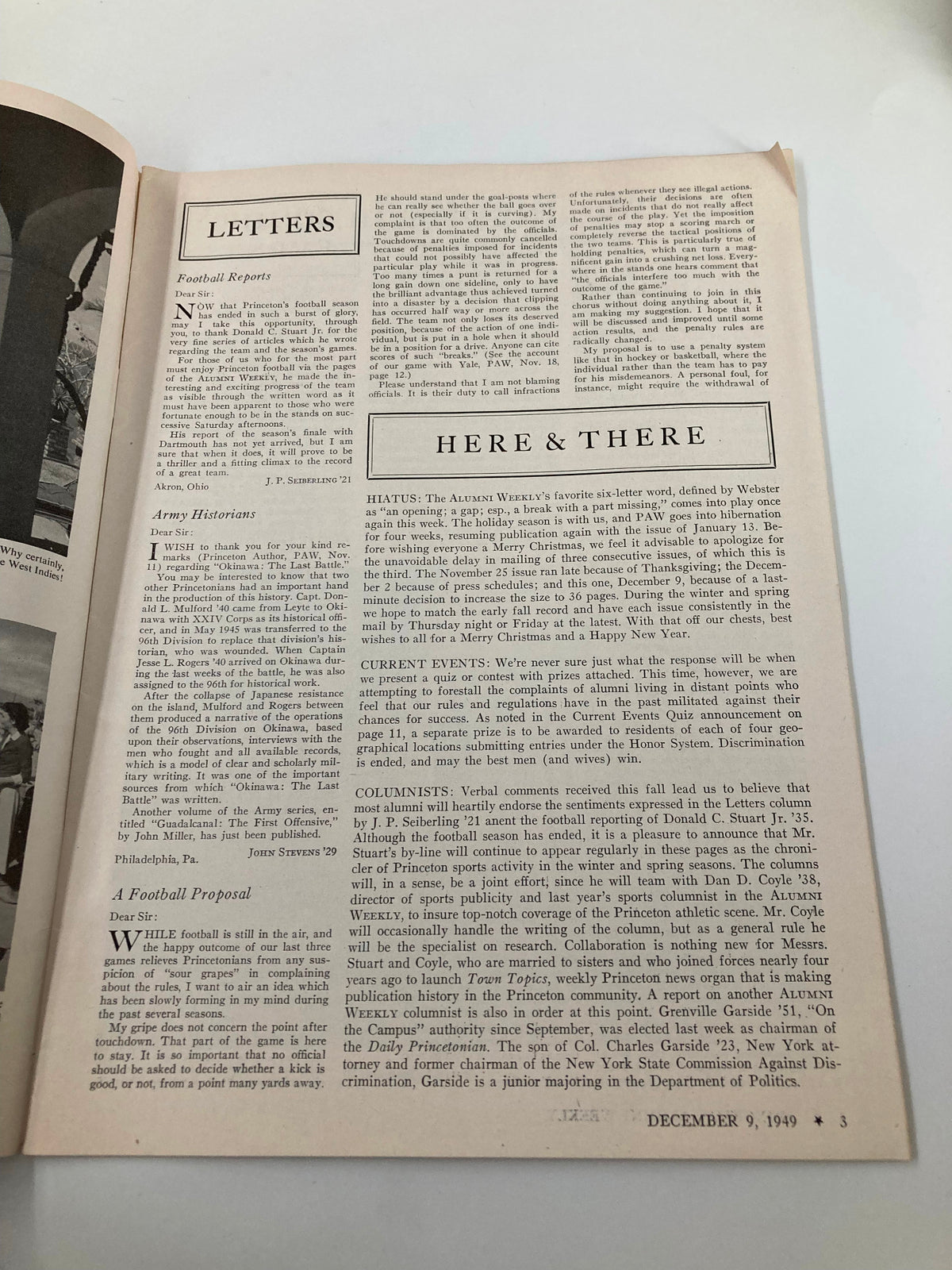 Vintage Princeton Alumni Weekly December 9 1949 featuring letters section, discussing football reports, alumni historian insights, and commentary on university life during that era.