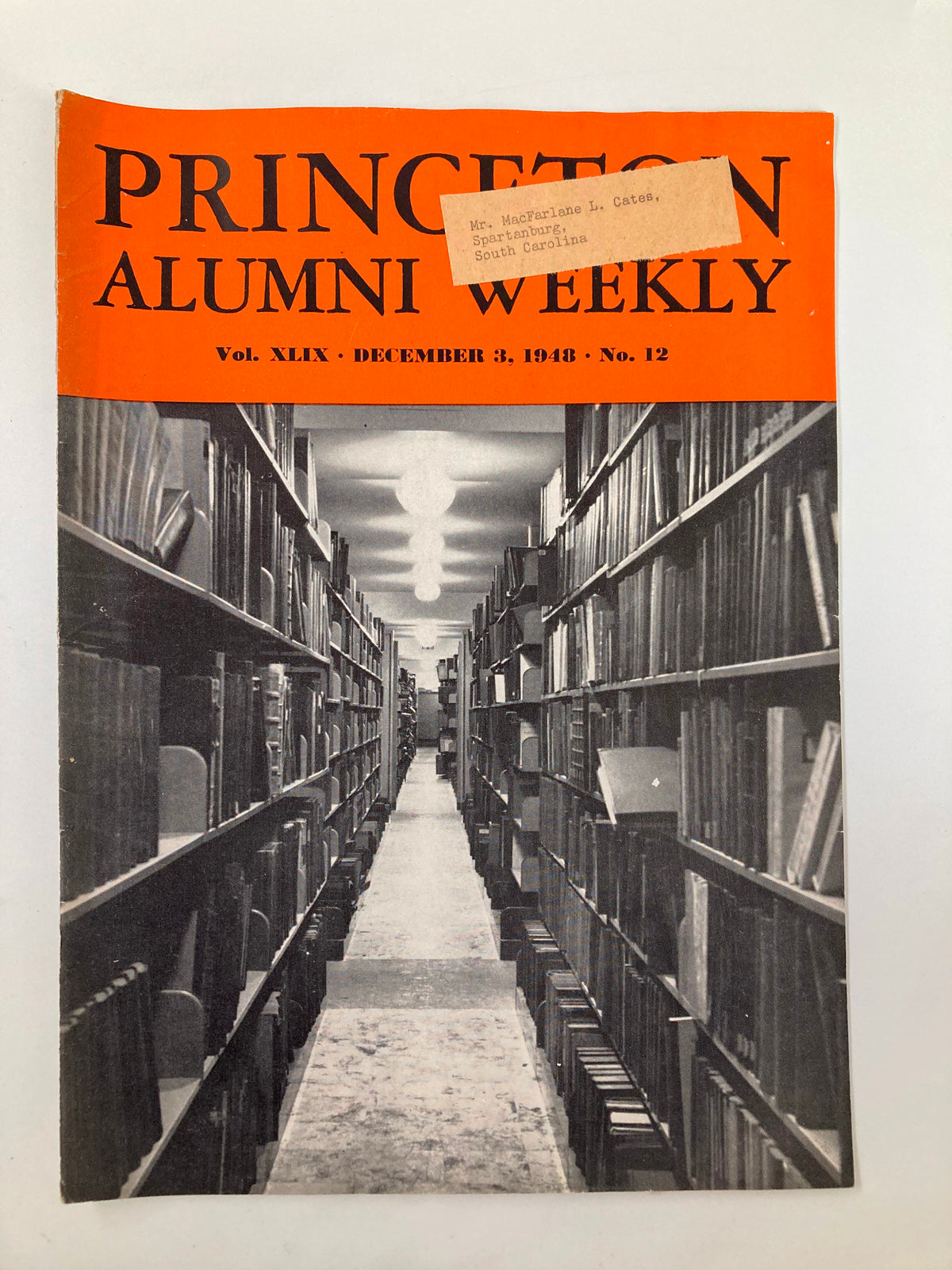 VTG Princeton Alumni Weekly December 3, 1948 cover featuring a striking view of the Stack Library, showcasing the interior book stacks and preserved vintage quality.