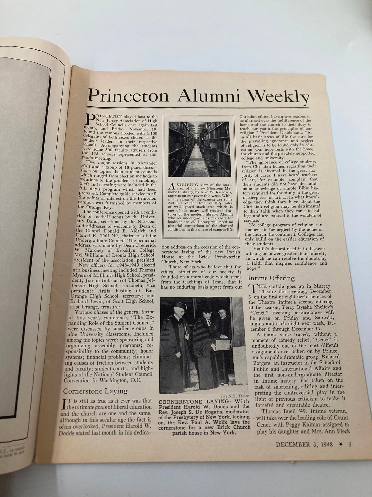 Interior page of VTG Princeton Alumni Weekly December 3, 1948 displaying text and images related to Princeton University events and history.