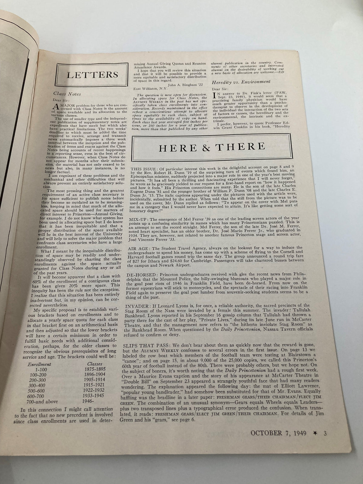 Interior page of the VTG Princeton Alumni Weekly October 7, 1949, featuring letters and announcements related to Princeton University alumni.