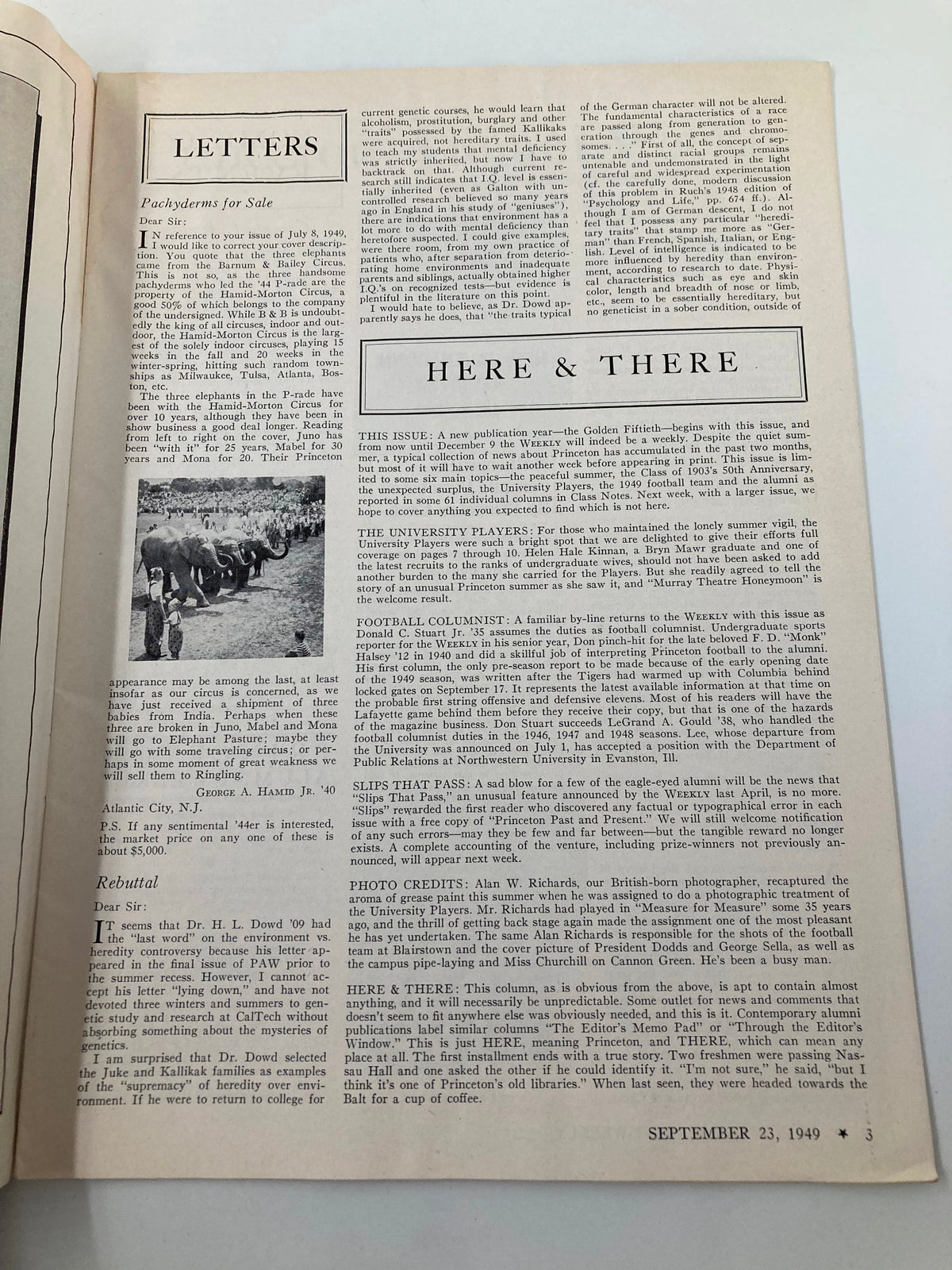 Interior page of VTG Princeton Alumni Weekly September 23 1949 featuring letters and articles about the Hamid-Morton Circus Elephants