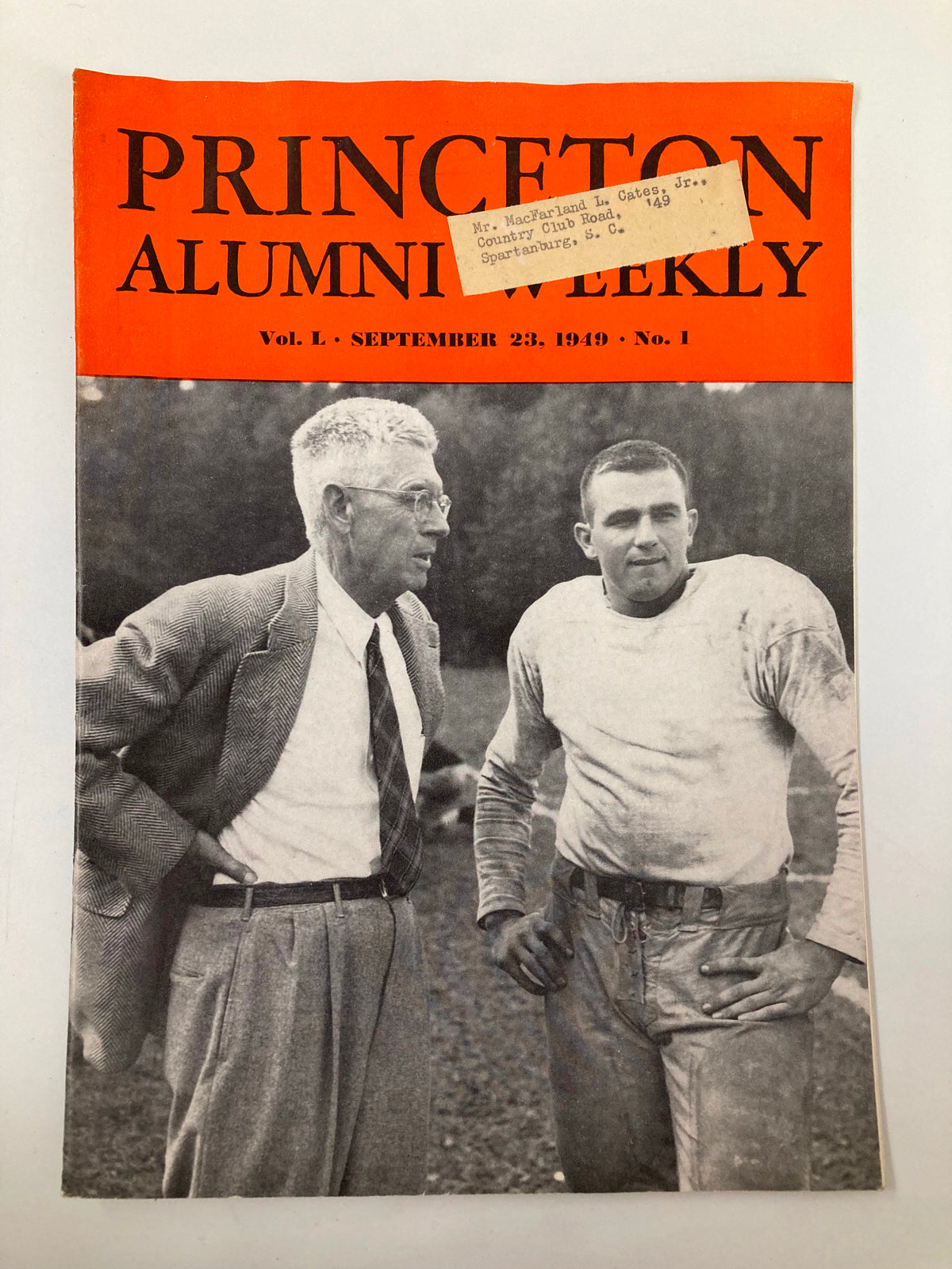 Cover of VTG Princeton Alumni Weekly dated September 23, 1949 featuring Coach Charlie Cadwell '25 and a Princeton football player, showcasing a vintage sports theme.