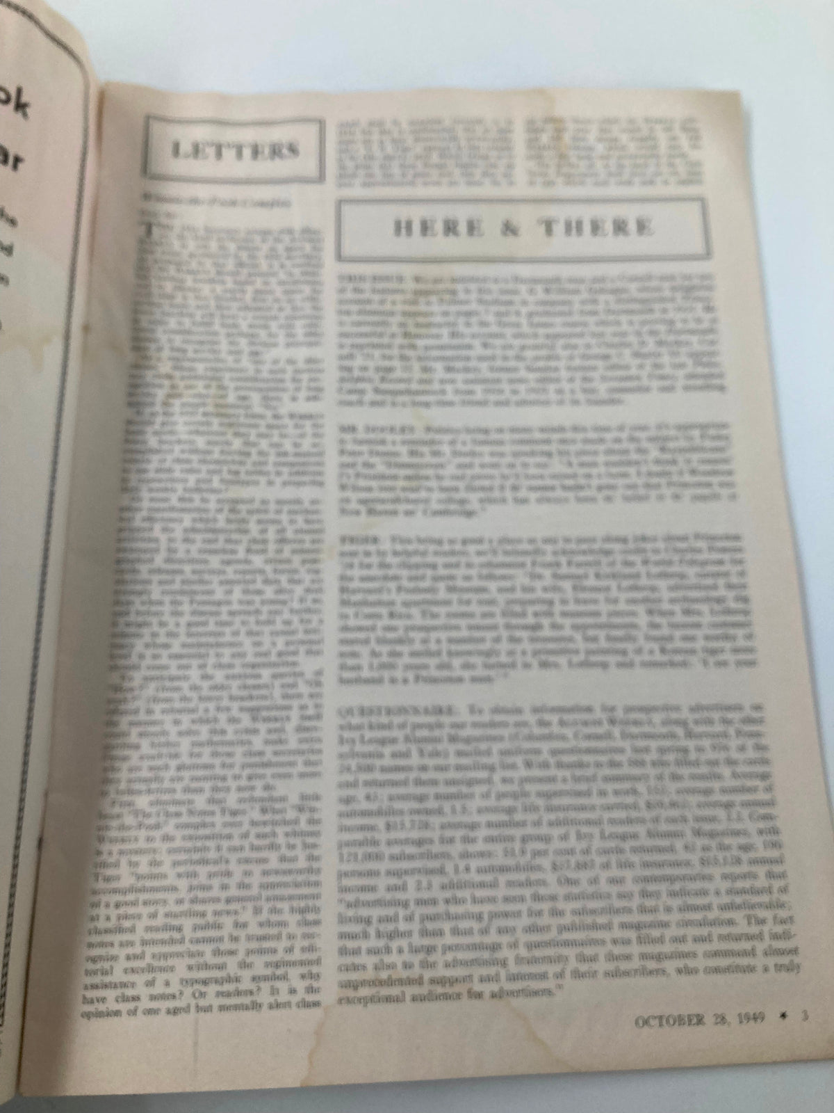 Inside page of VTG Princeton Alumni Weekly October 28 1949 featuring letters and updates from the Princeton community.