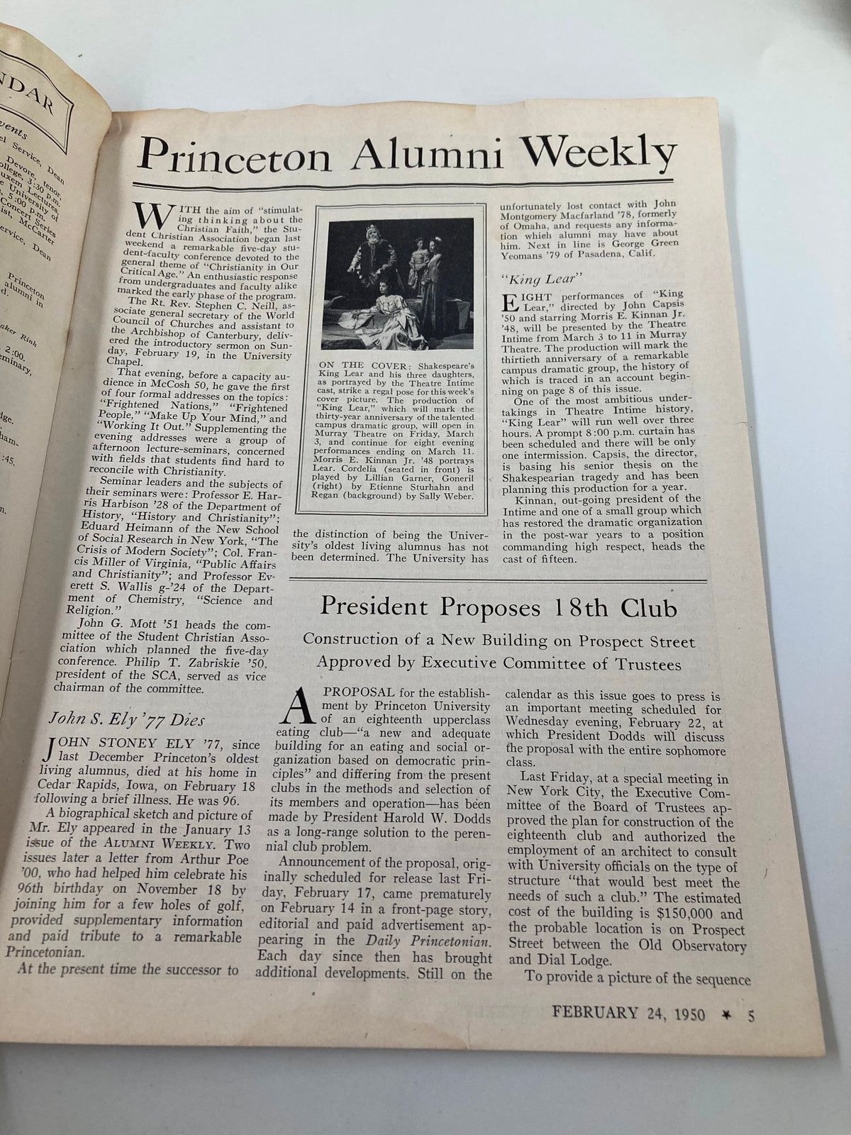 Article page from VTG Princeton Alumni Weekly February 24, 1950, discussing Shakespeare’s King Lear, providing insights into literary topics of that time.