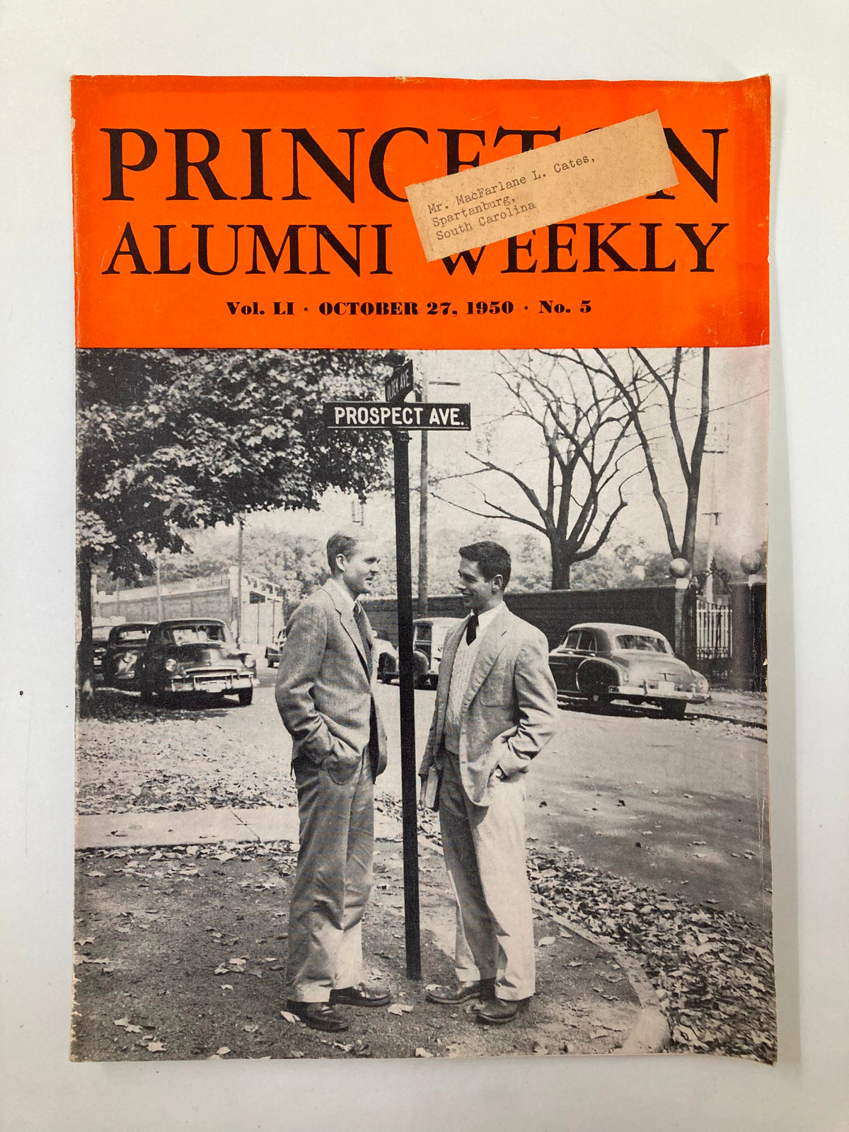 Cover of VTG Princeton Alumni Weekly October 27, 1950 featuring Francis Matthews and President Dodds, showcasing a classic vintage design with a photo of two men by a street sign.