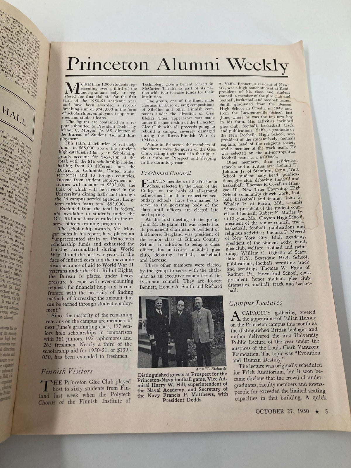 Inside page of VTG Princeton Alumni Weekly October 27, 1950 showing articles and photographs related to Princeton University events and alumni, reflecting the historical context of the publication.