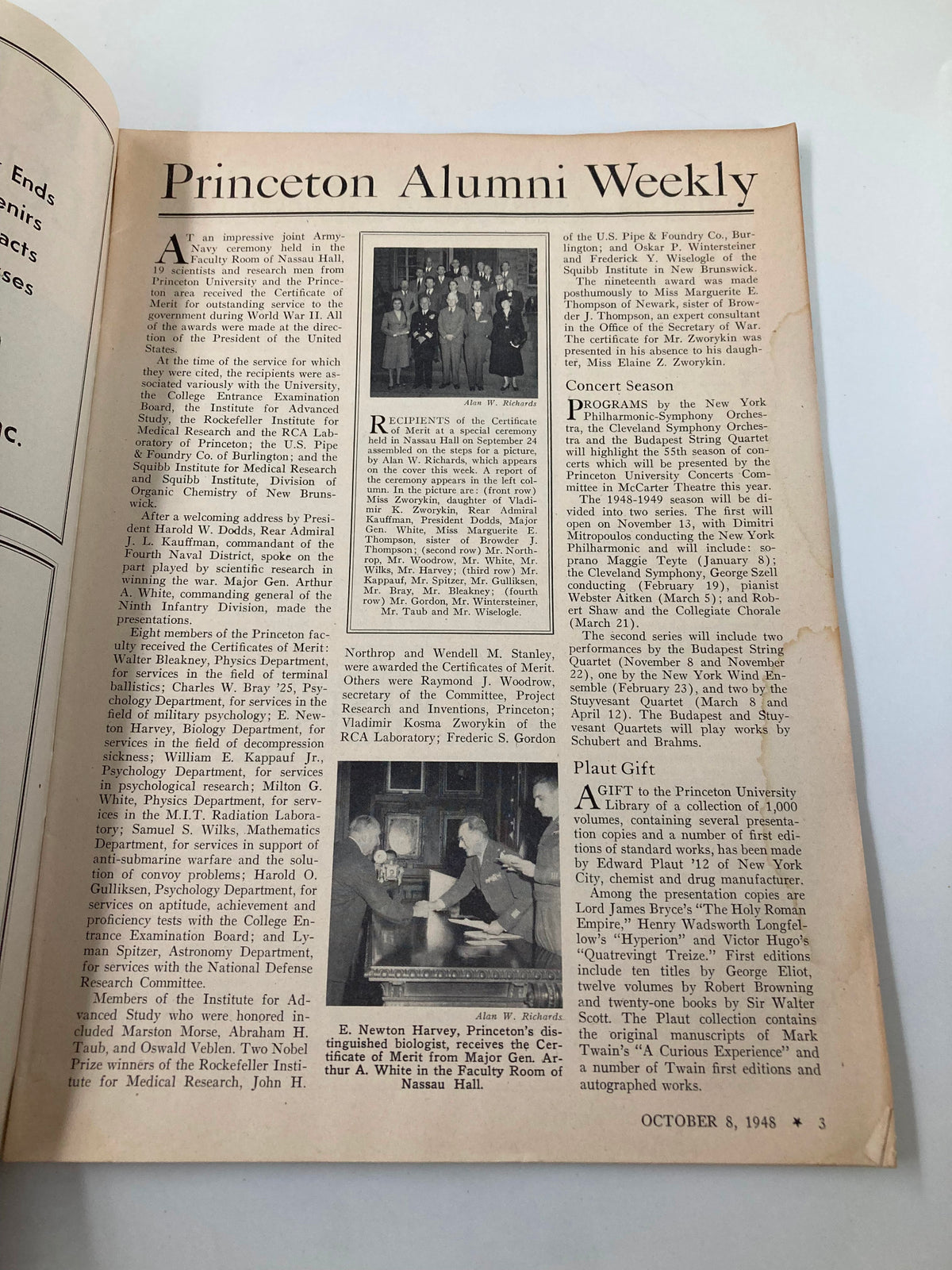 Inside page of VTG Princeton Alumni Weekly October 8, 1948 detailing the Certificate of Merit recipients, including notable alumni and their academic achievements.