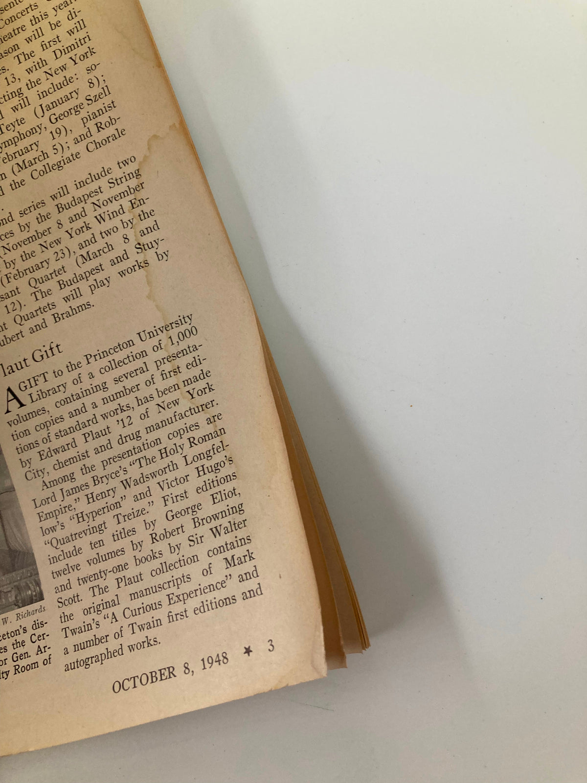 Interior page of VTG Princeton Alumni Weekly October 8 1948 showcasing articles and information about alumni achievements, with visible age-related wear and a stained edge.