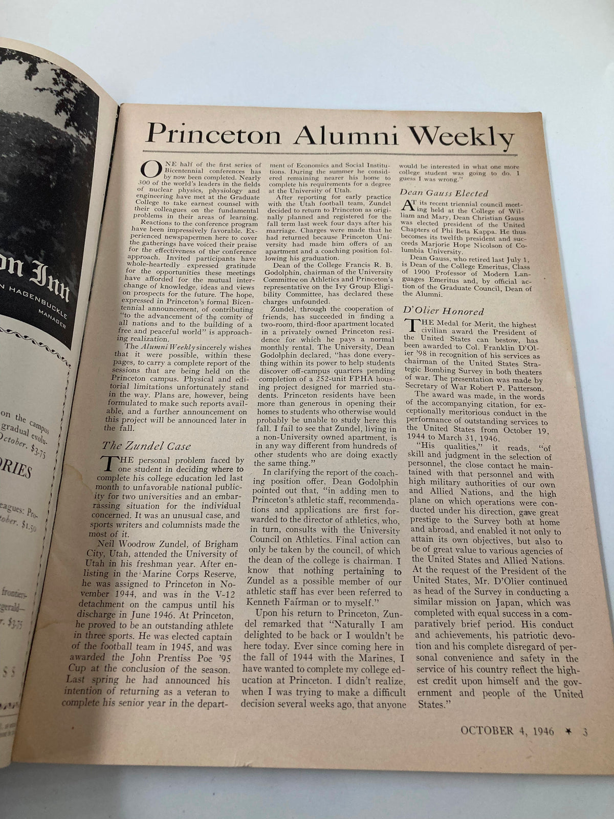 Inside page of the VTG Princeton Alumni Weekly dated October 4, 1946, featuring an article about D'Olier honored for the Medal of Merit and discussing the Zundel case in sports.