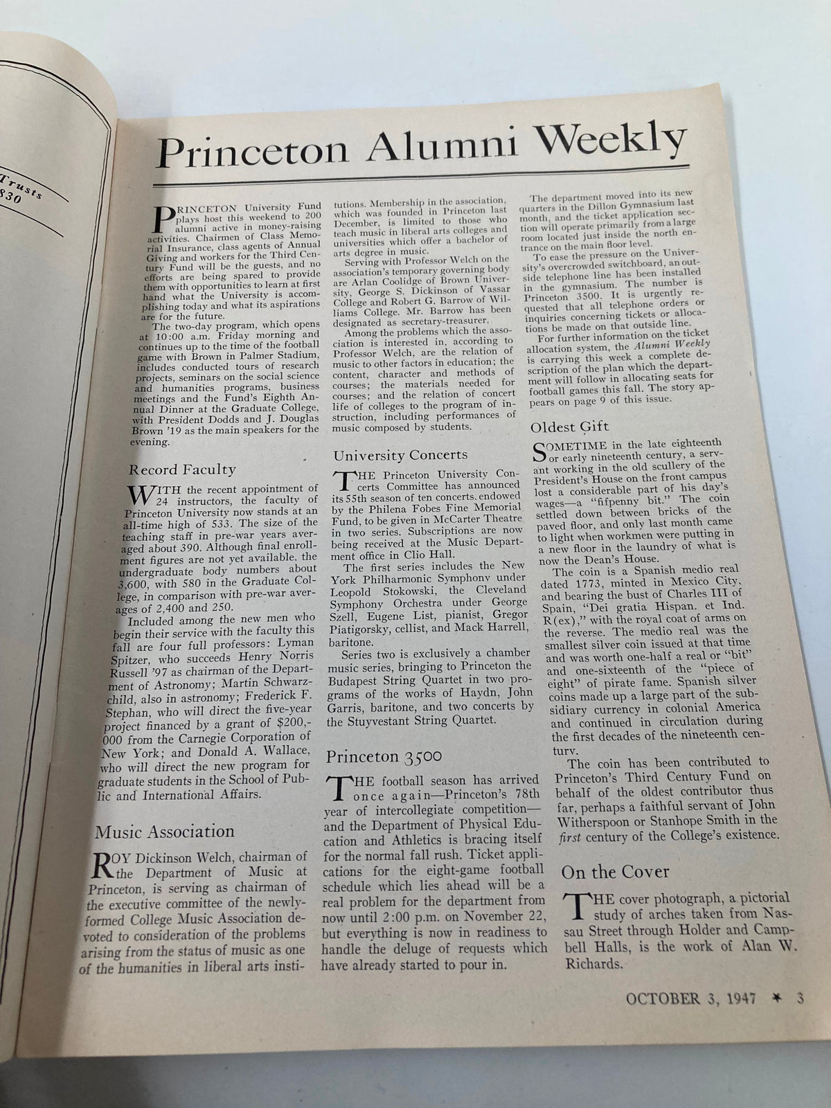 Interior page of the VTG Princeton Alumni Weekly from October 3, 1947, featuring articles and historical content about Princeton University.