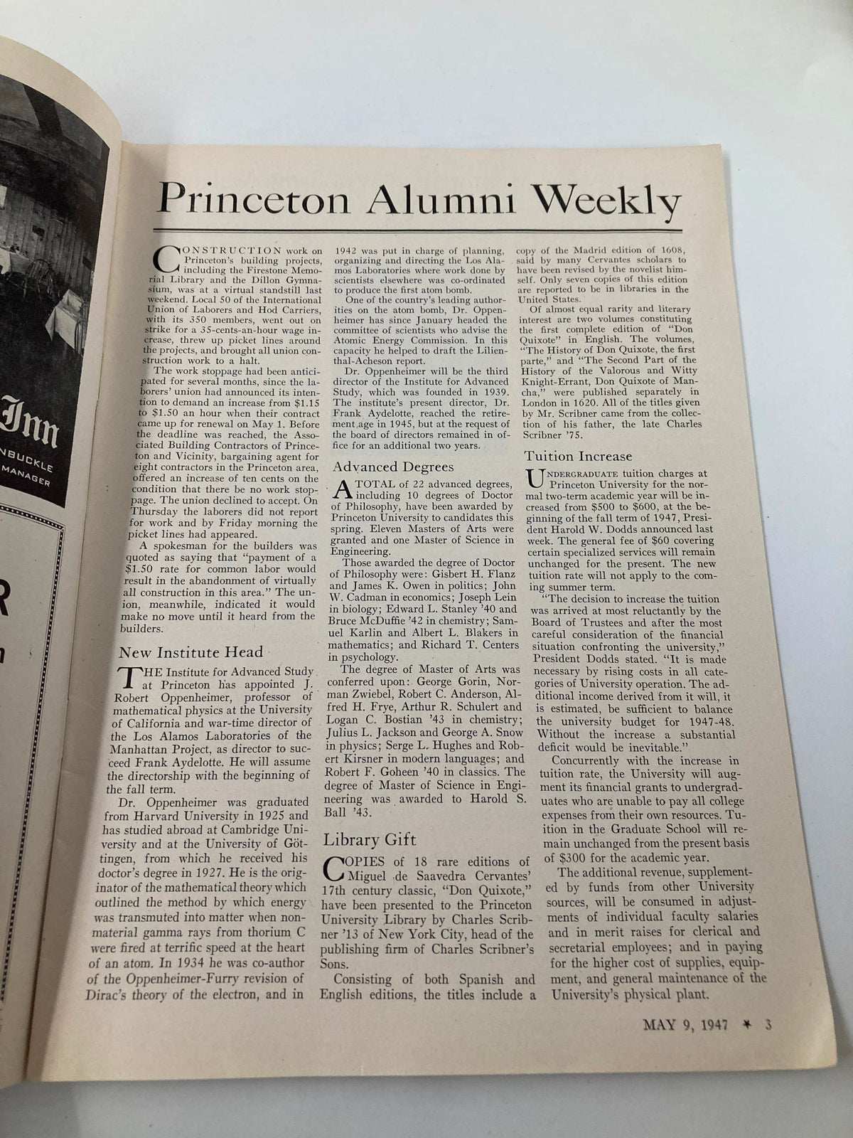 Interior page of the VTG Princeton Alumni Weekly May 9 1947, featuring articles on Princeton's building projects, advanced degrees, tuition increase, and a library gift discussing rare editions of Miguel de Saavedra Cervantes' works.