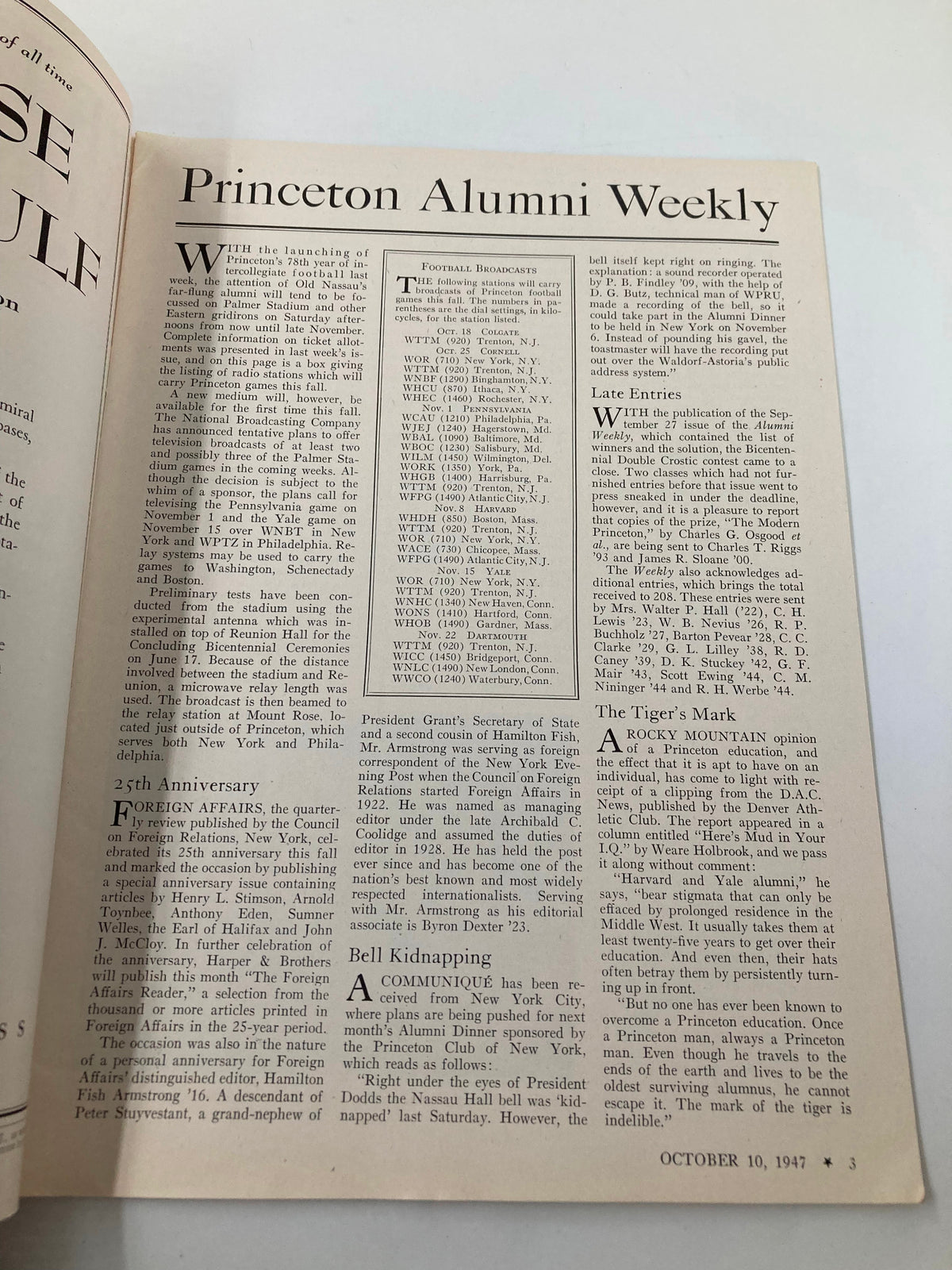 Interior page of the VTG Princeton Alumni Weekly October 10, 1947, displaying articles and announcements related to alumni activities and foreign affairs, emphasizing its historical significance and vintage charm.