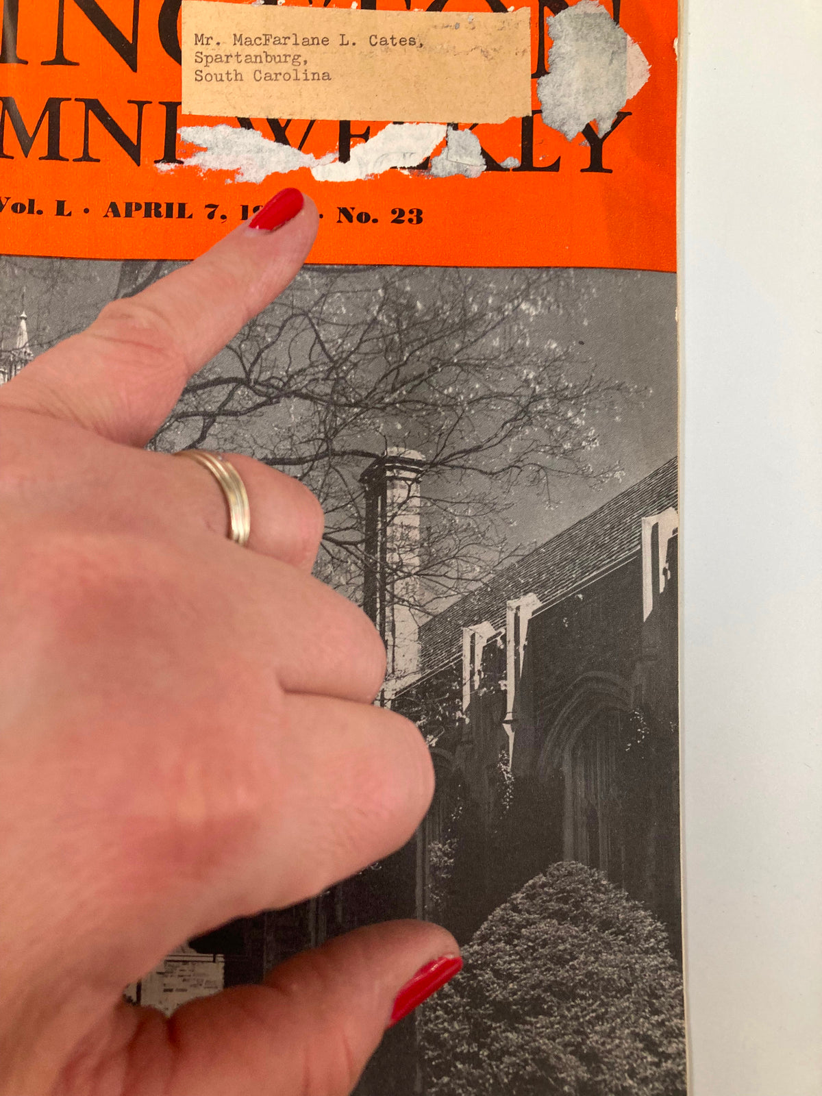 Closer view of VTG Princeton Alumni Weekly April 7, 1950 cover, highlighting the label addressed to 'Mr. MacFarlane L. Cates' in Spartanburg, South Carolina, against a backdrop of an iconic Princeton University image.