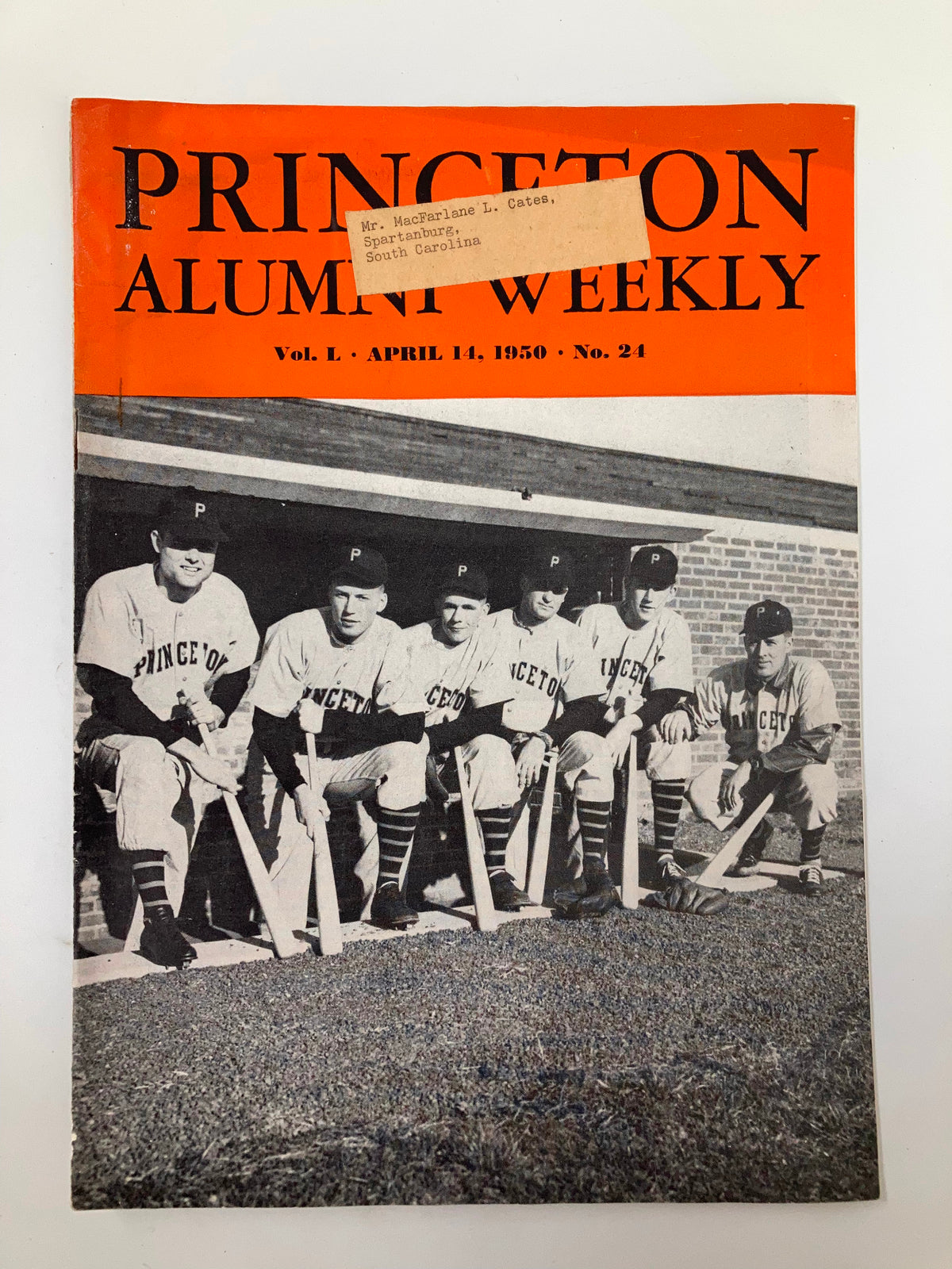 Vintage magazine cover of 'Princeton Alumni Weekly' from April 14, 1950, featuring a group of Princeton baseball players, highlighting a post-mortem on the clubs.