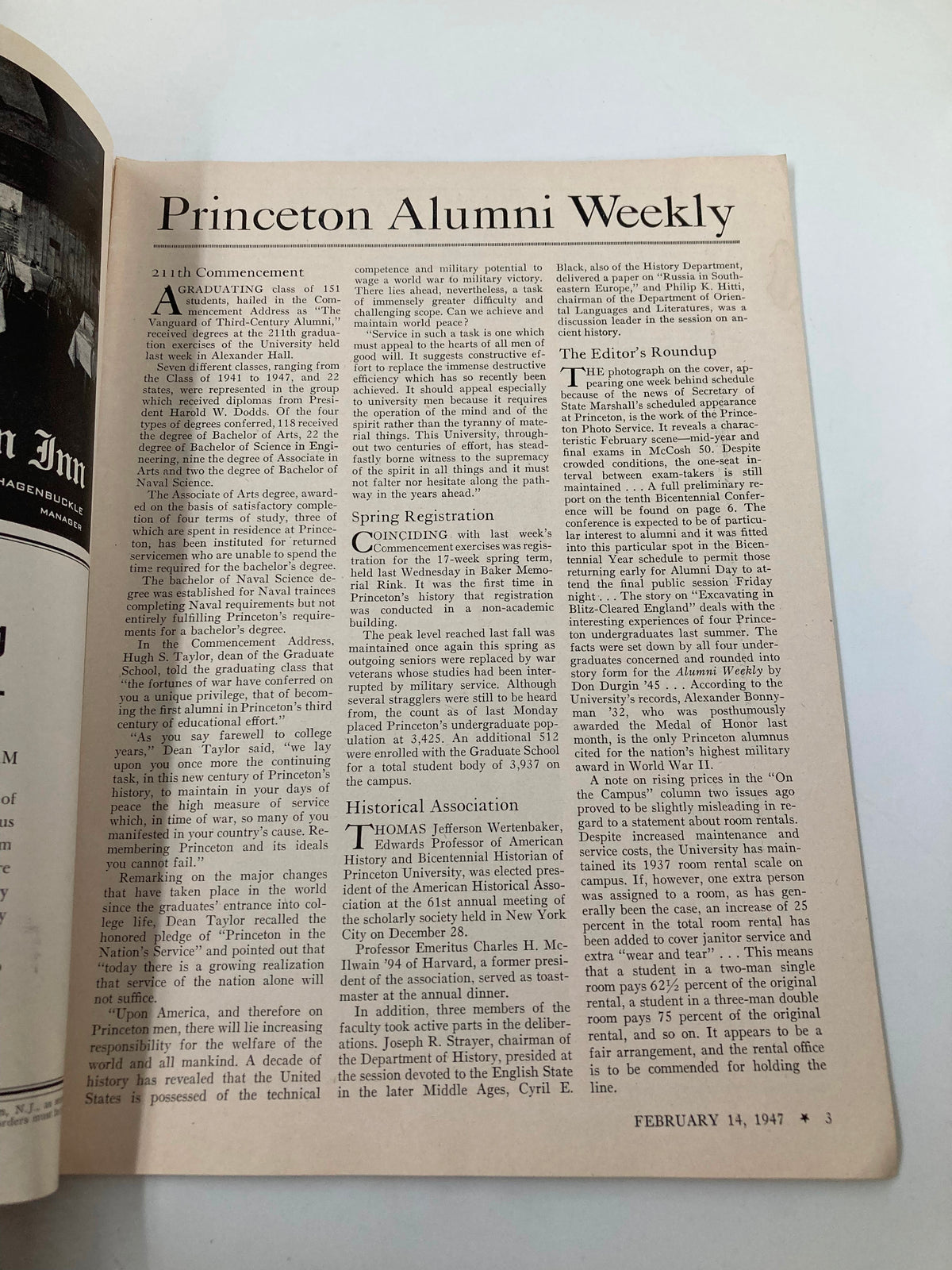 Interior page of the VTG Princeton Alumni Weekly February 14, 1947, showcasing articles related to the university's commencement, academic history, and notable figures such as Thomas Jefferson Wertenbaker.
