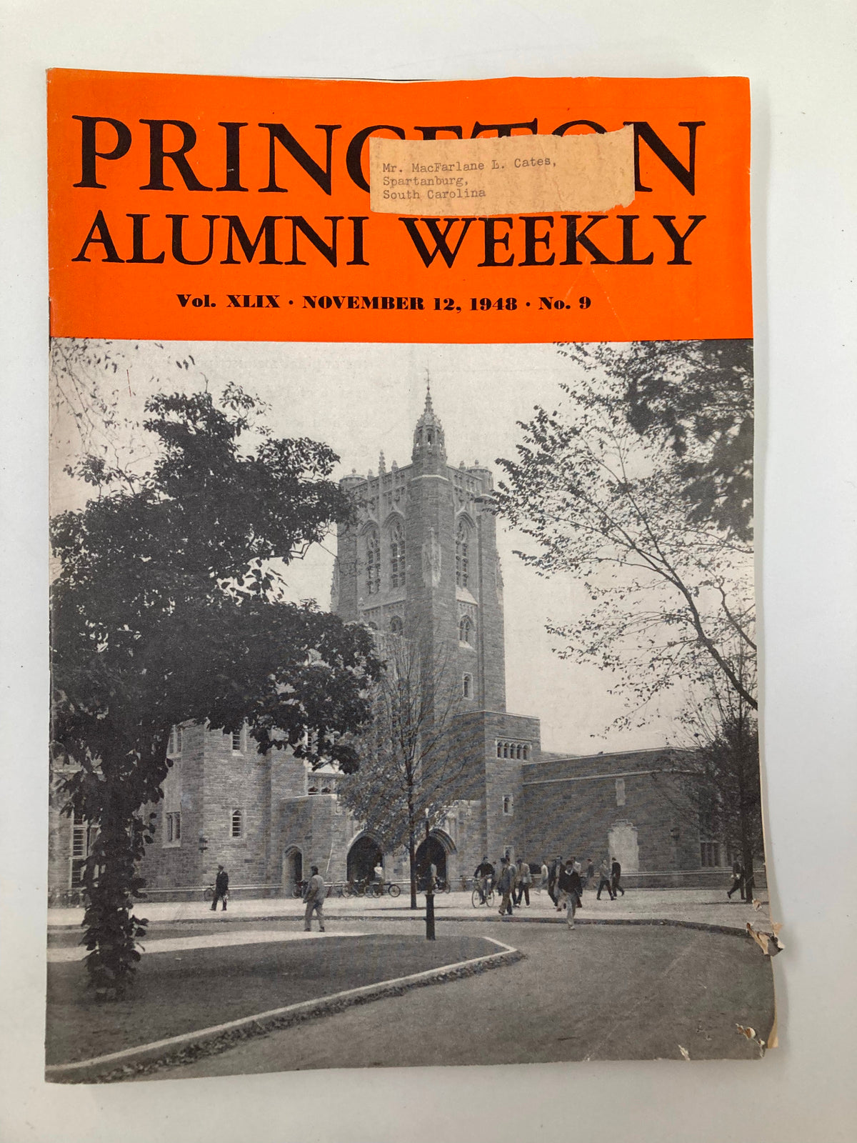 Cover of VTG Princeton Alumni Weekly from November 12, 1948, featuring a photograph of Princeton campus with the title prominently displayed.