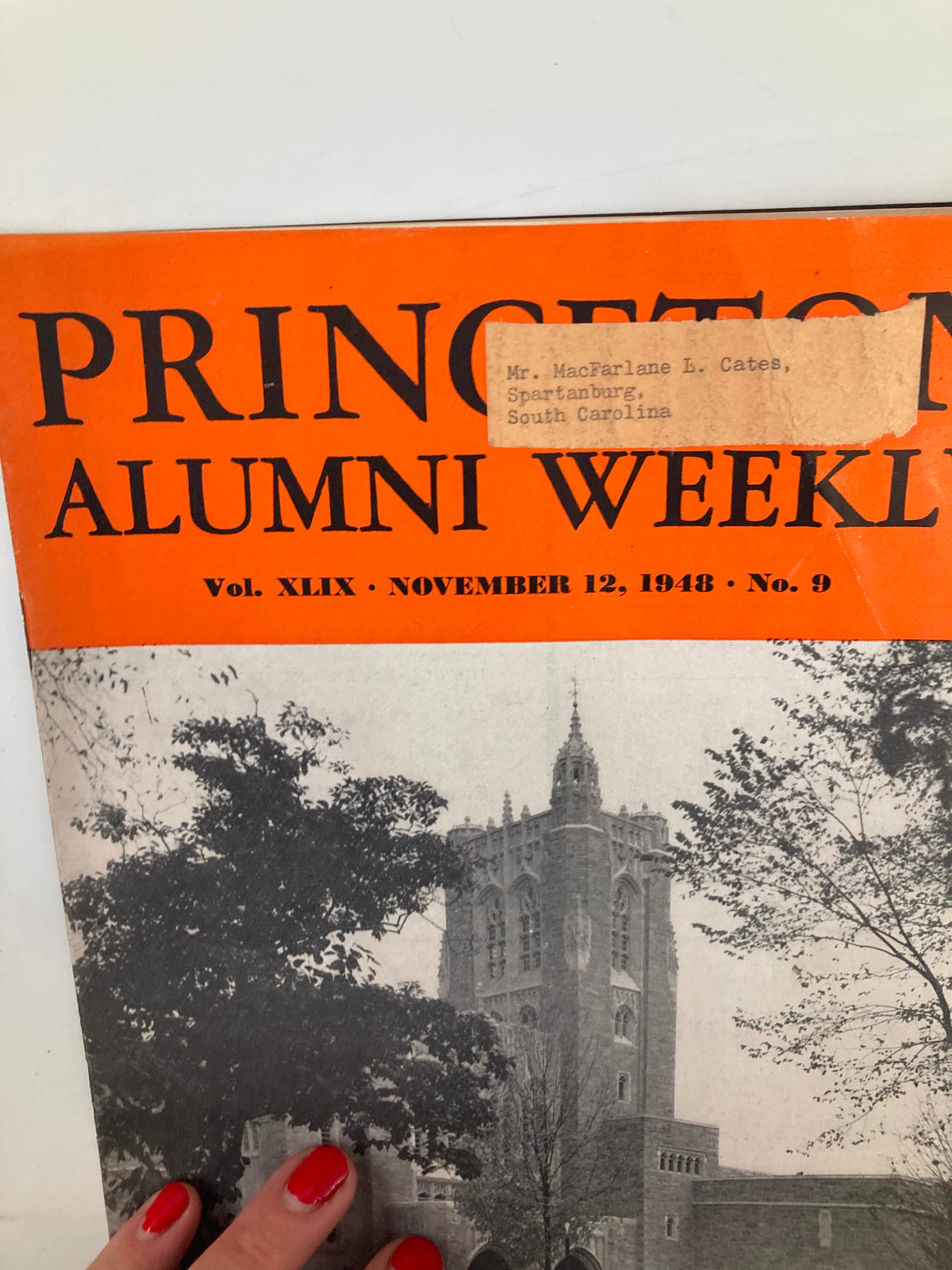 Close-up view of the cover of VTG Princeton Alumni Weekly from November 12, 1948, showing additional detail and a name label affixed to the magazine.