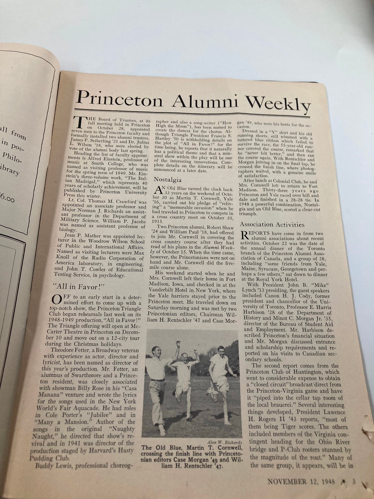 Inside page of VTG Princeton Alumni Weekly from November 12, 1948, highlighting articles and nostalgia related to Princeton alumni.