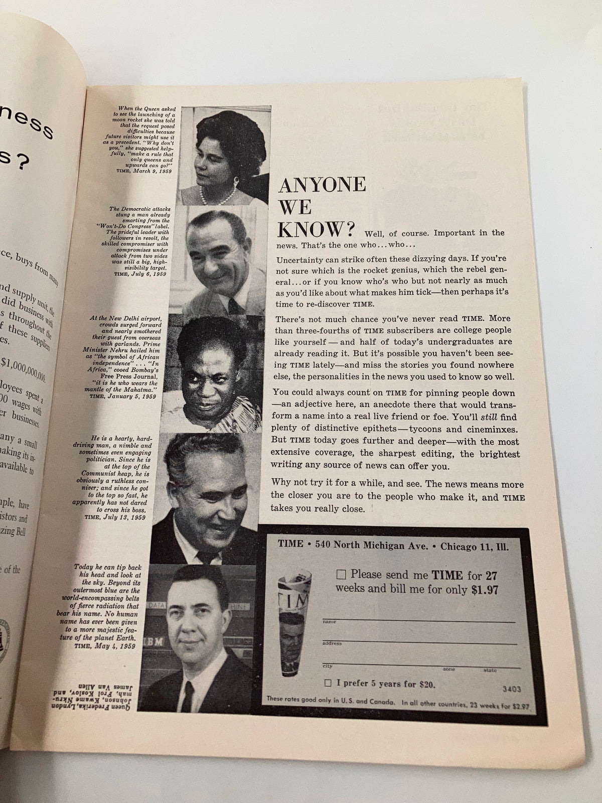 Image from the VTG Princeton Alumni Weekly October 9 1959 featuring a collage of notable figures and an advertisement for TIME magazine, highlighting political commentary and societal reflections of the era.