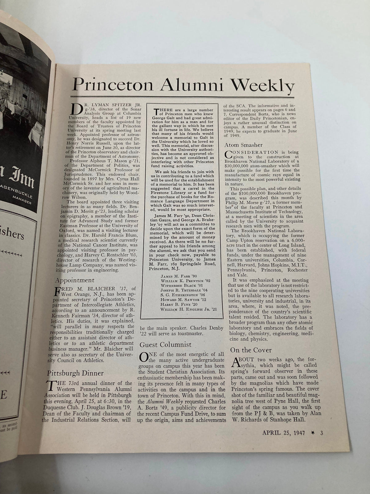 VTG Princeton Alumni Weekly April 25 1947 inside page displaying an article about George Galt and the activities of Princeton alumni, reflecting the culture and events of the era.