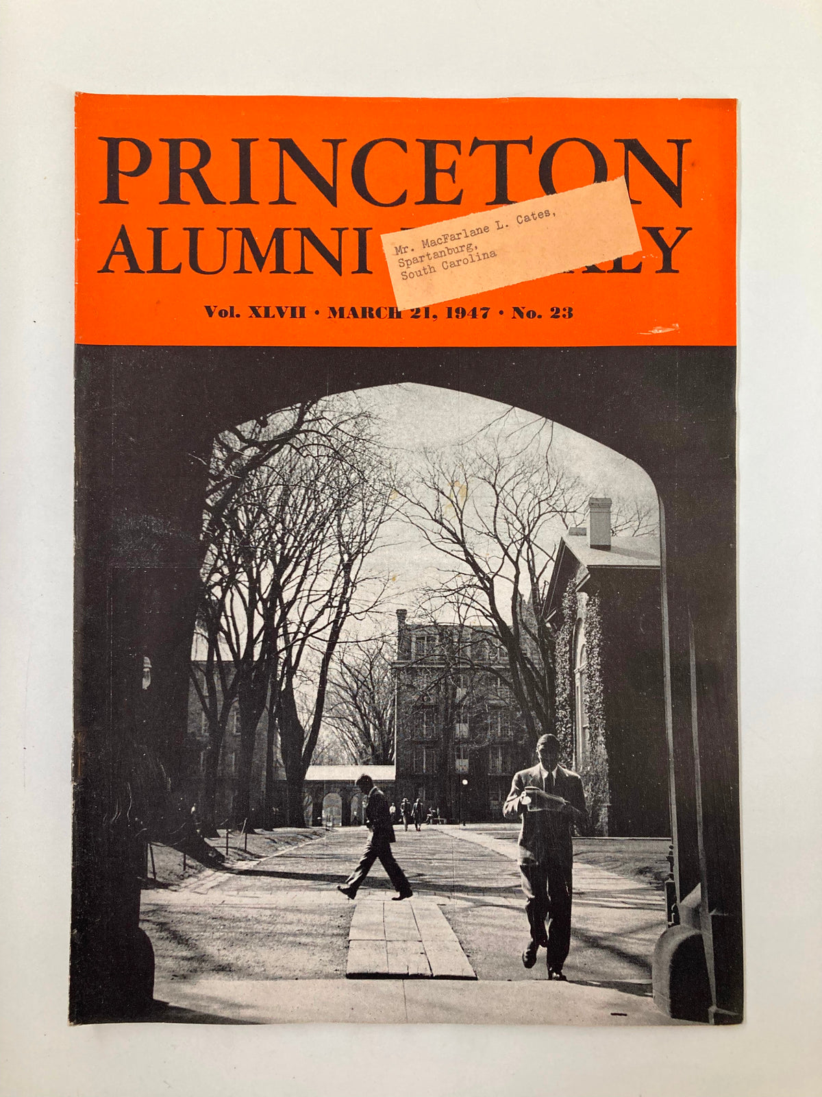 Cover of VTG Princeton Alumni Weekly dated March 21, 1947, featuring a black and white photograph of two men walking on Princeton University's campus. The magazine title is prominently displayed in orange, highlighting its historical significance as a collectible item.