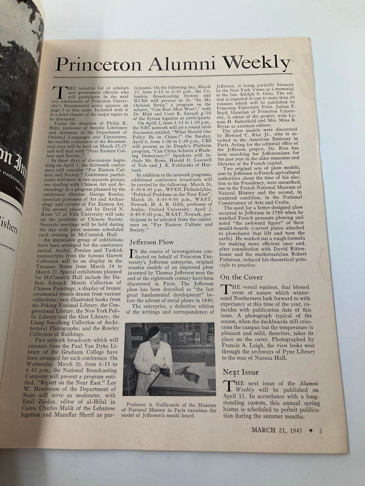 Interior page of the VTG Princeton Alumni Weekly dated March 21, 1947, featuring an article about Princeton University's initiatives, including Professor A. Guillaumin of the Museum examining Jefferson's mould board. This page highlights significant historical information relevant to the university and its alumni.