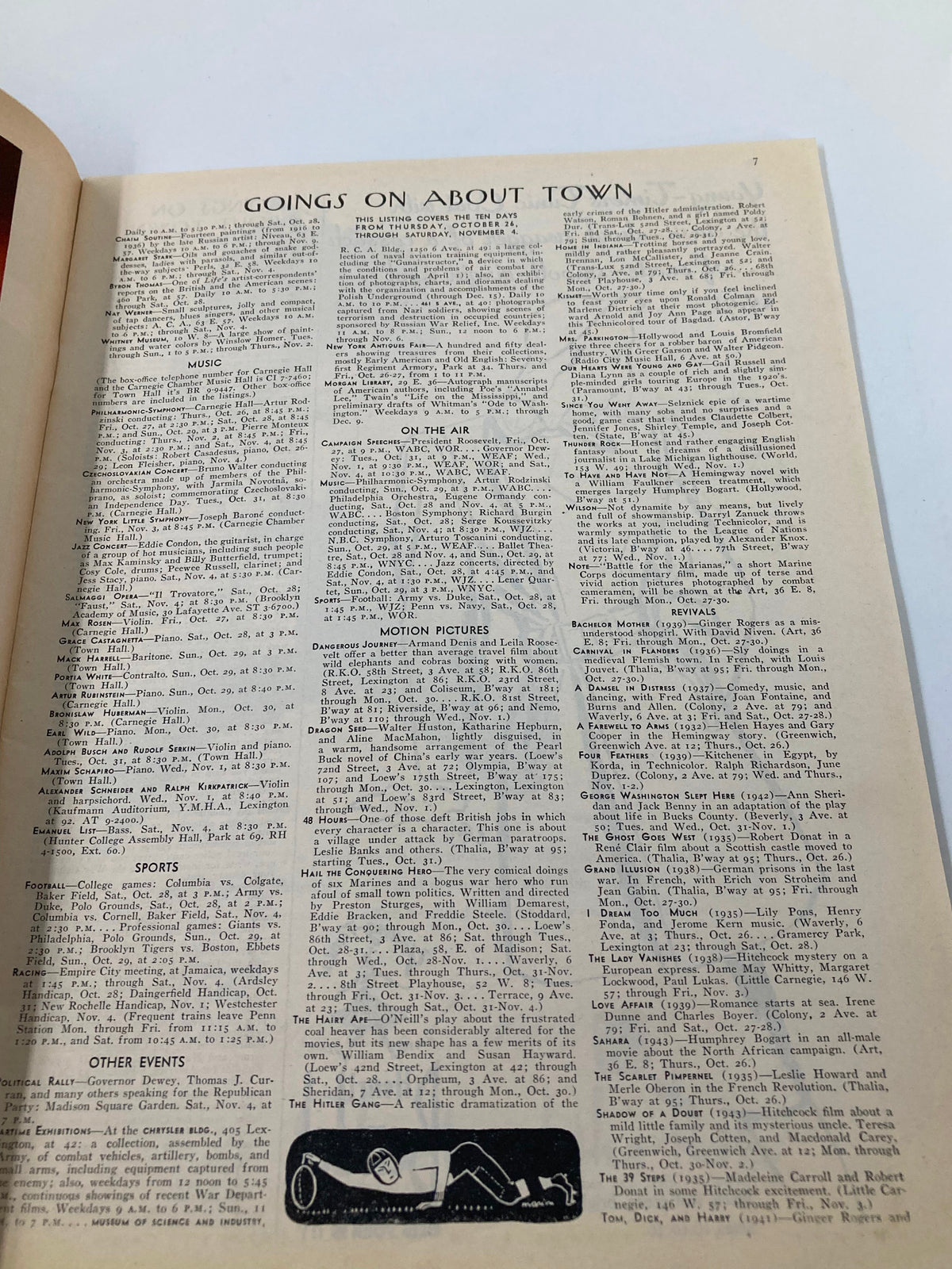 Goings On About Town section from The New Yorker Magazine, October 28, 1944, featuring listings for events in New York City such as music, the airwaves, and motion pictures.